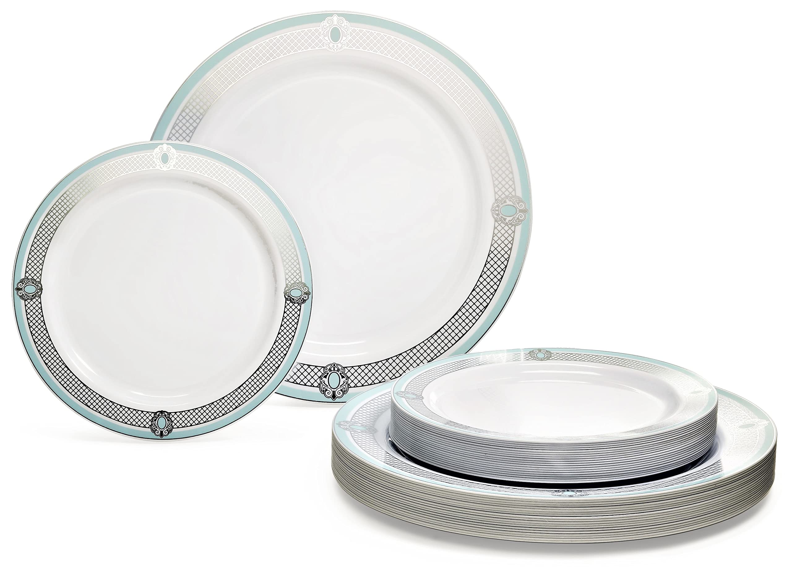 240-Piece Premium Disposable Plastic Plates Set for Weddings & Parties - 120 x 10.25'' Dinner Plates + 120 x 7.5'' Salad/Dessert Plates (Elegant White/Green & Silver) - Perfect for Wedding Receptions, Bridal Showers, Birthday Parties & Catering Events