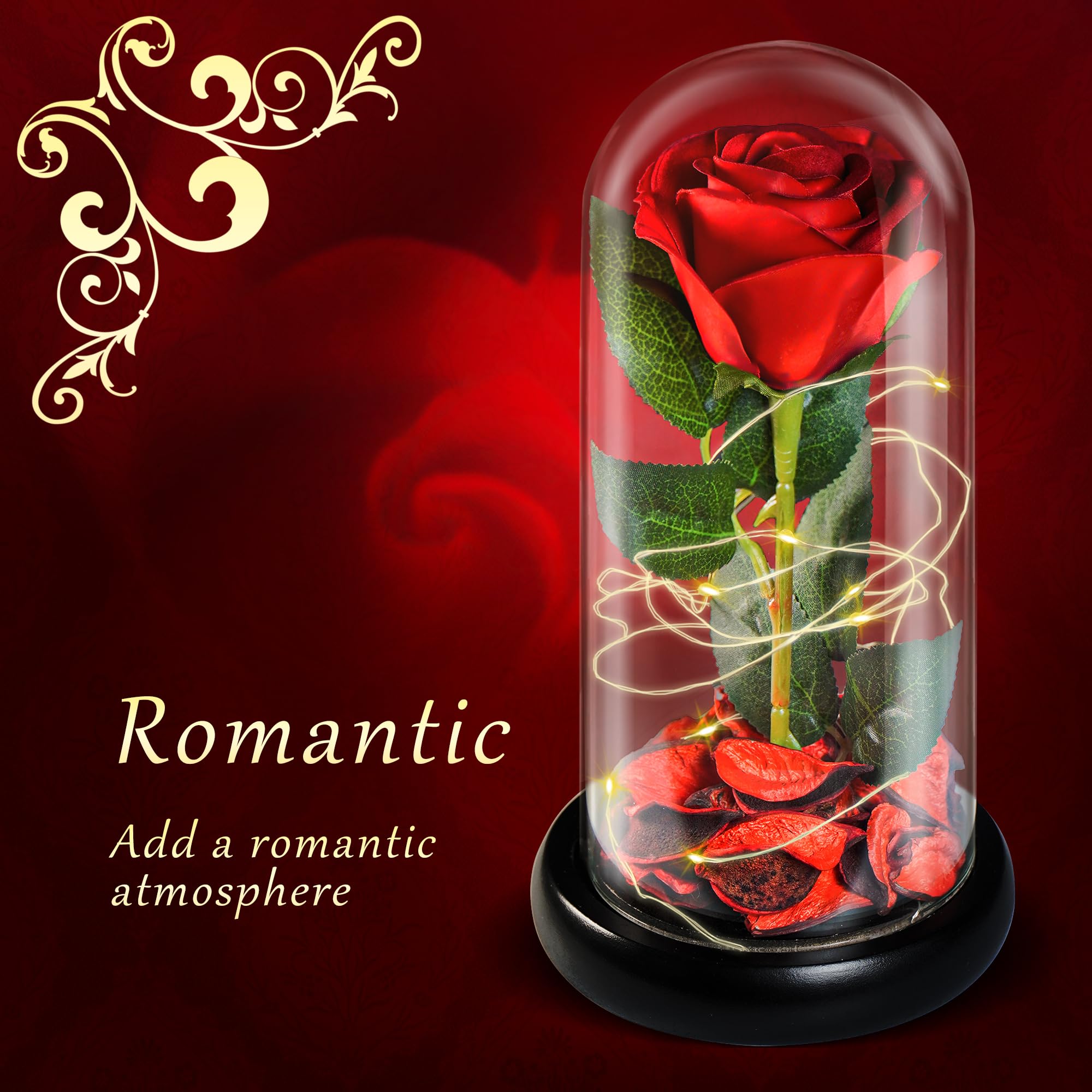 Forever Silk Rose in Glass Dome - Valentine's Day, Birthday & Mother's Day Gift for Women - Light Up Preserved Roses with Galaxy Red Silk Flower - Romantic Home Decor & Special Occasion Present
