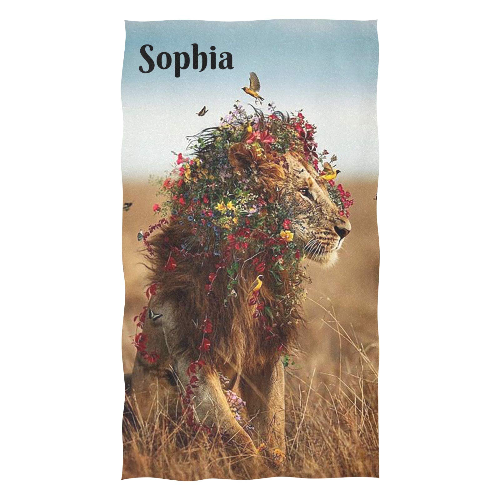 Floral Lion Personalized Hand Towels - Soft Absorbent Microfiber Bath Towels (16x28 Inch) | Quick Dry Multipurpose Towels for Bathroom, Hotel, Gym, Spa & Kitchen Use | Name Embroidery Gift Idea