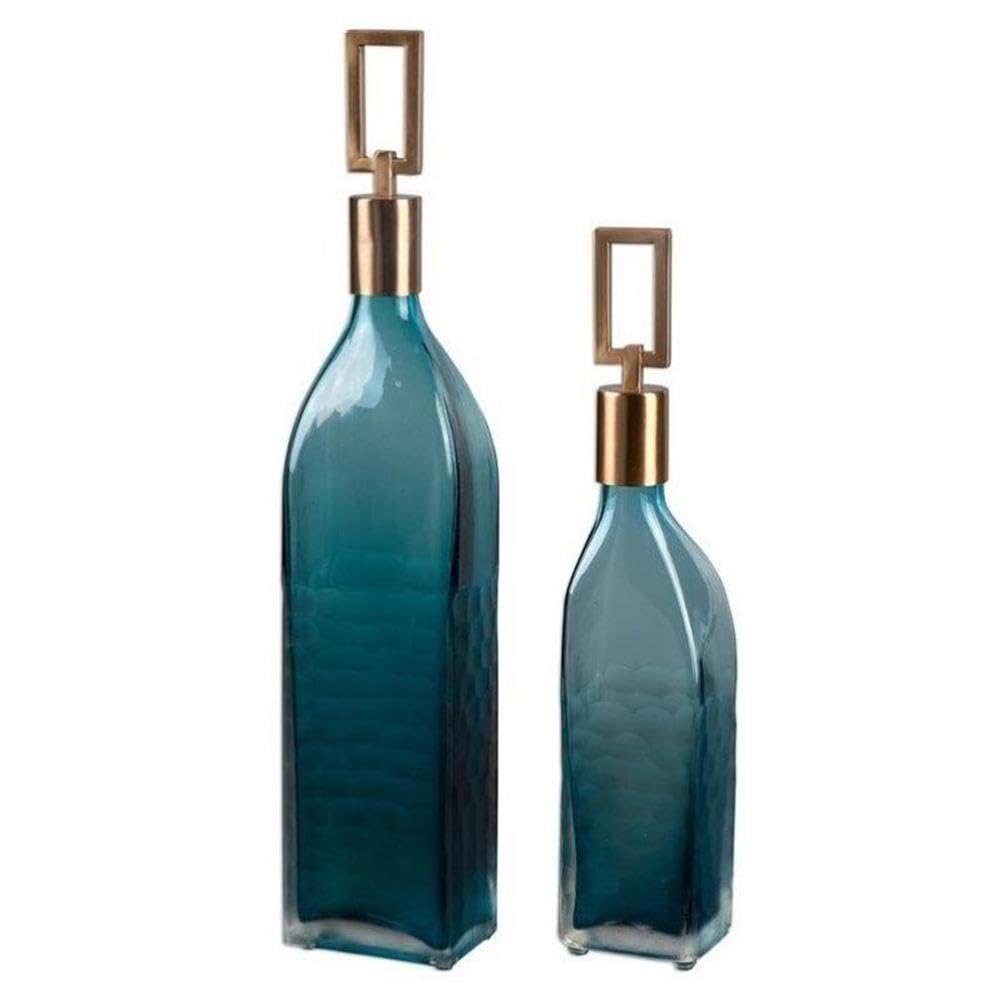 BOWERY HILL Modern Teal Glass Bottles with Iron Stand - Set of 2 for Home Bar, Wedding Centerpiece & Kitchen Decor