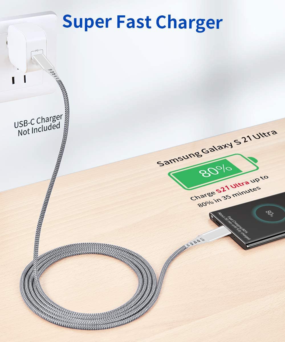 10ft USB C to USB C Fast Charging Cable 2-Pack - Compatible with Samsung Galaxy S25/S24/S23/S22/S21, Note 20/10, A55/A54/A53 5G, Google Pixel 9/8/7/6 Series - Perfect for Home, Office & Travel Charging Needs