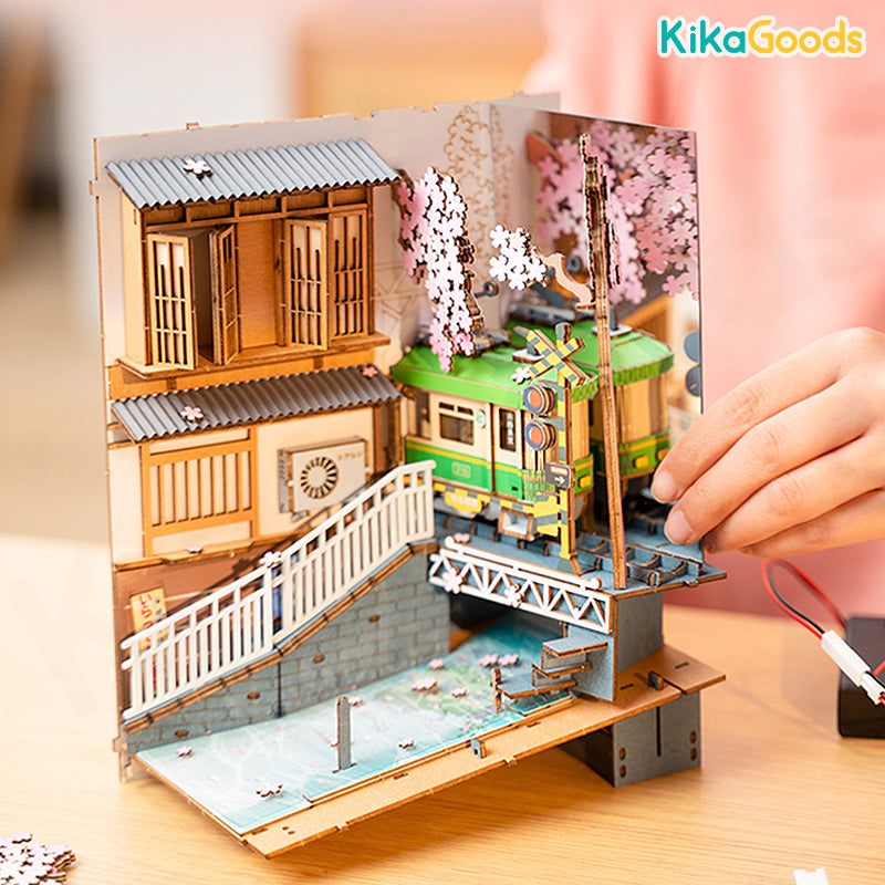 Rolife DIY Book Nook Shelf Insert - Sakura Densya Train 3D Puzzle Model Kit for Bookshelf Decor | Perfect for Home Office, Library & Gift Giving