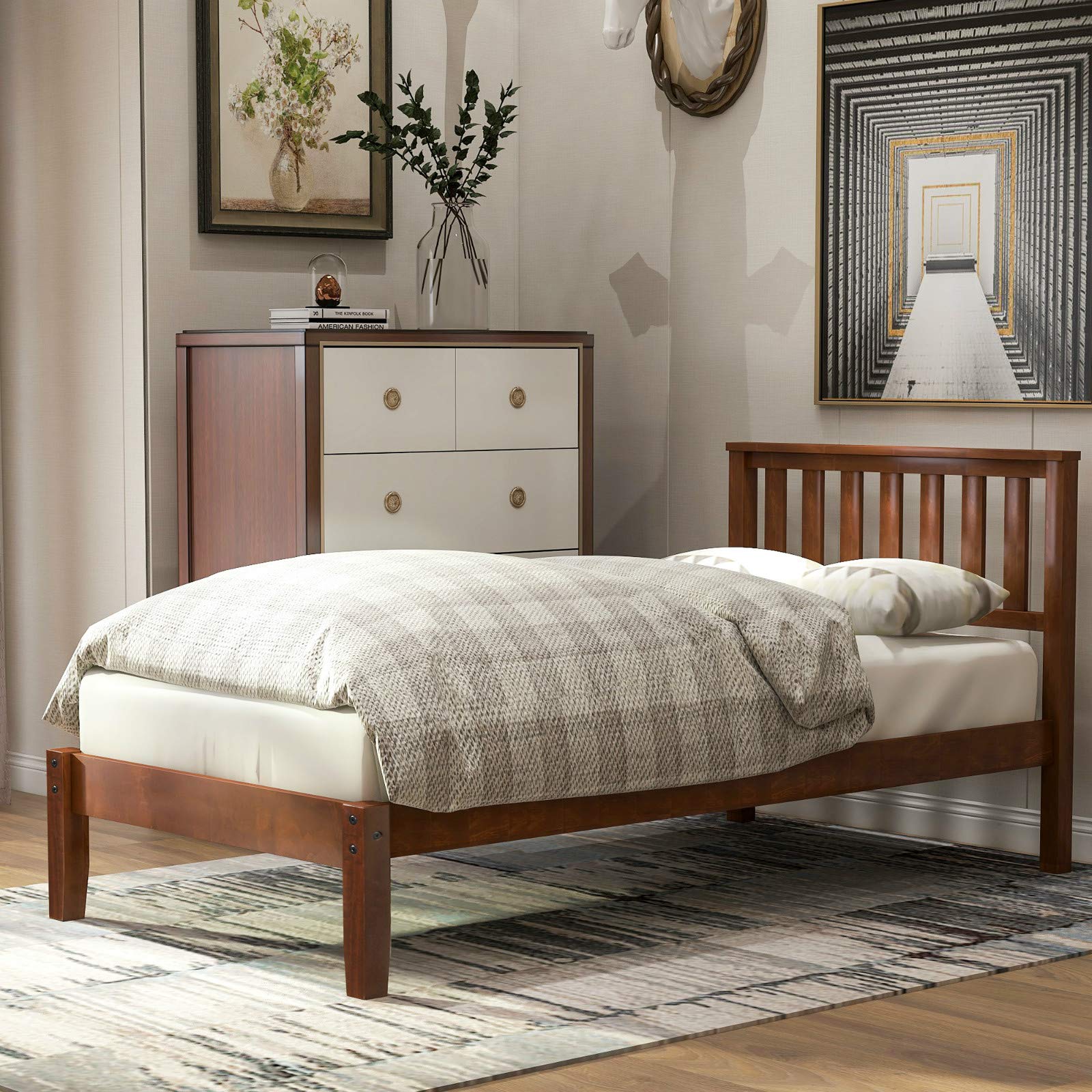 Kimhome Solid Wood Twin Bed Frame with Headboard & Wood Slat Support - Natural Walnut Finish | Sturdy Platform Bed for Kids, Teens & Guest Rooms | Easy Assembly & Space-Saving Design