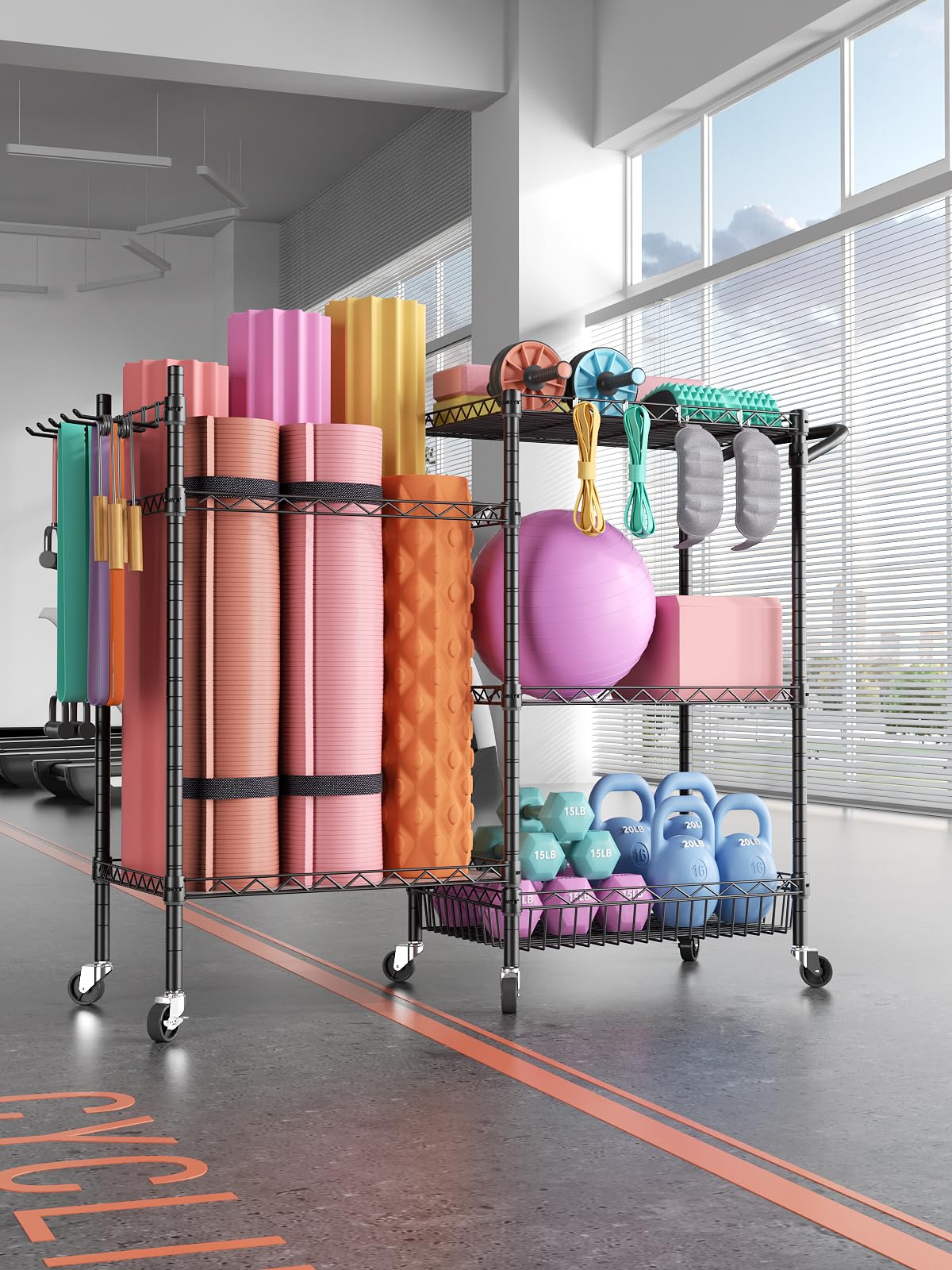 SINGAYE Dumbbell Rack Stand with Yoga Mat Storage - Heavy Duty Gym Equipment Organizer Cart with Hooks & Wheels for Home Gym, Workout Room & Fitness Studio - Black (Perfect for Dumbbell Storage & Yoga Mat Organization)
