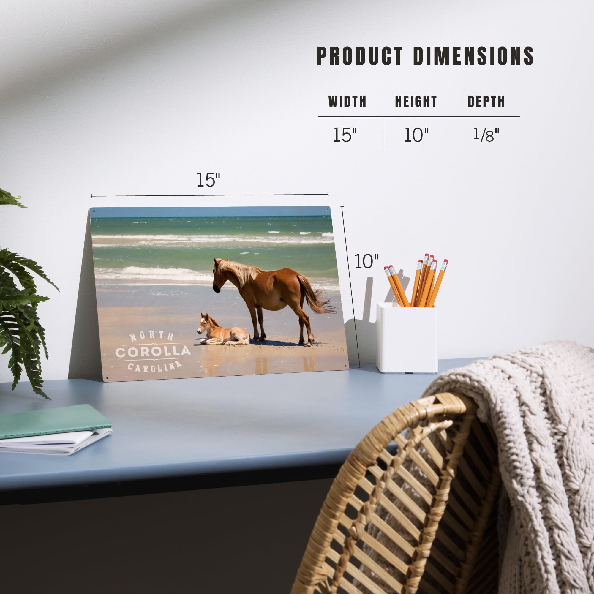 Lantern Press 10x15 Inch Wooden Wall Sign - Corolla NC Beach Scene with Banker Ponies & Foal - Ready to Hang Coastal Home Decor for Living Room, Bedroom or Beach House