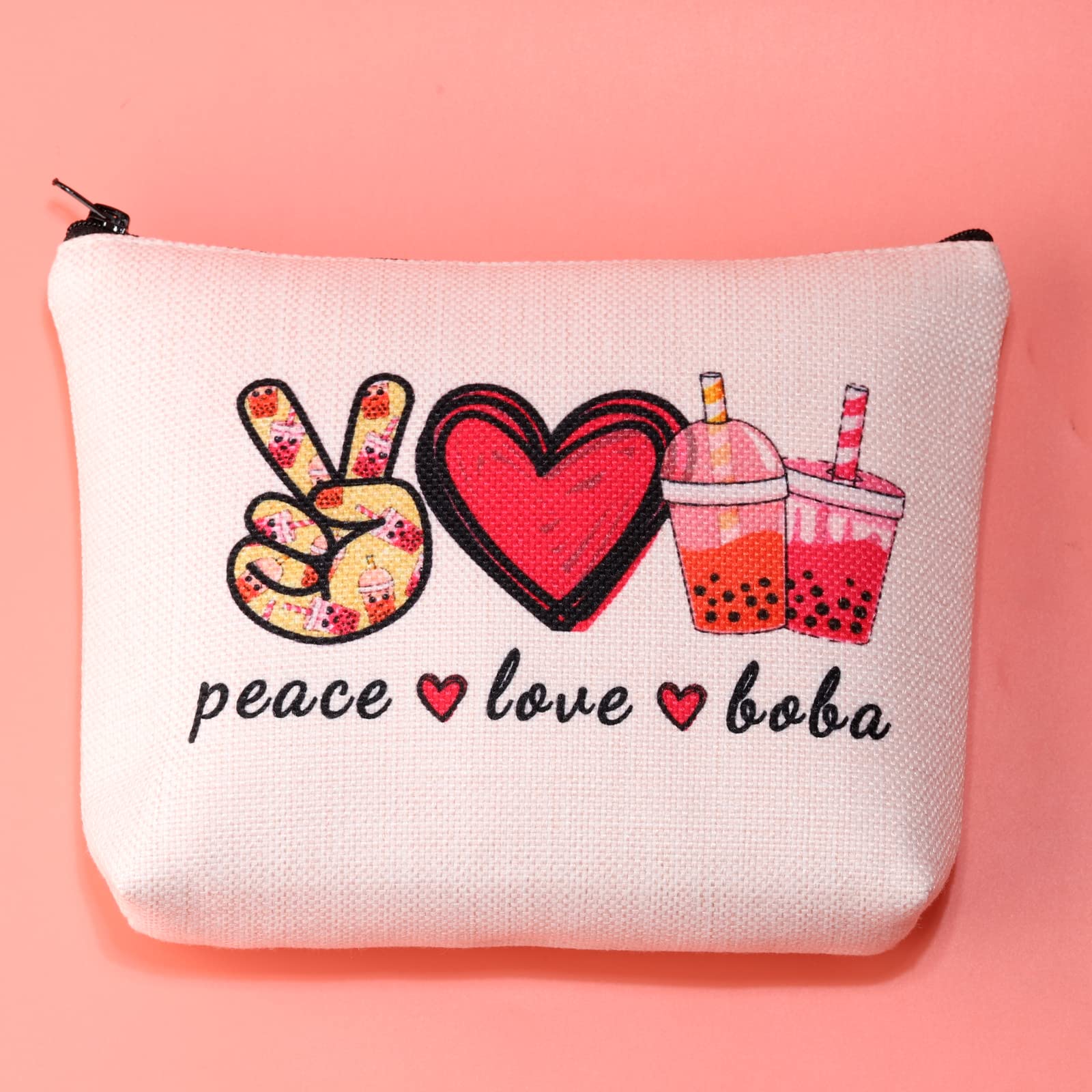 JXGZSO Peace Love Boba Cosmetic Bag - Cute Makeup Pouch with Zipper for Boba Tea Lovers - Perfect for Travel, School & Gift Giving