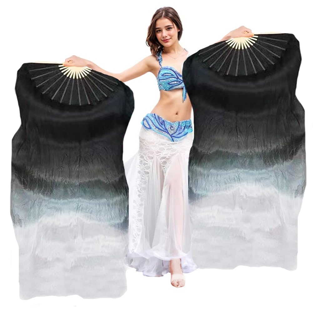 Handmade Silk Belly Dance Fan Veils - Long Bamboo Fans for Women Performances