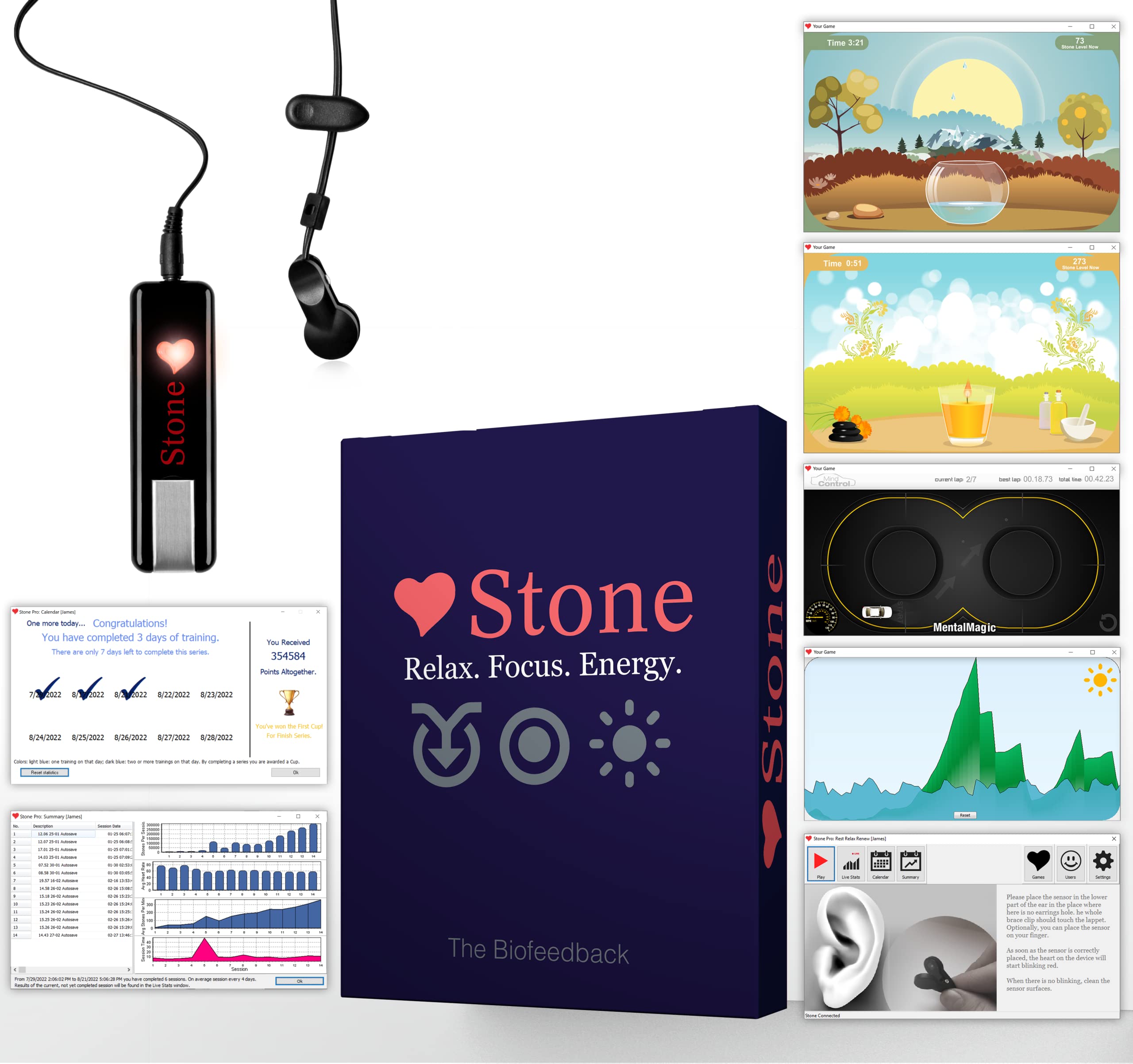 Stone Biofeedback Home: HRV Training Software & Games | Relaxation, Meditation, Breathing Techniques for Anxiety & Stress Relief | Improve Mental Health & Wellness at Home