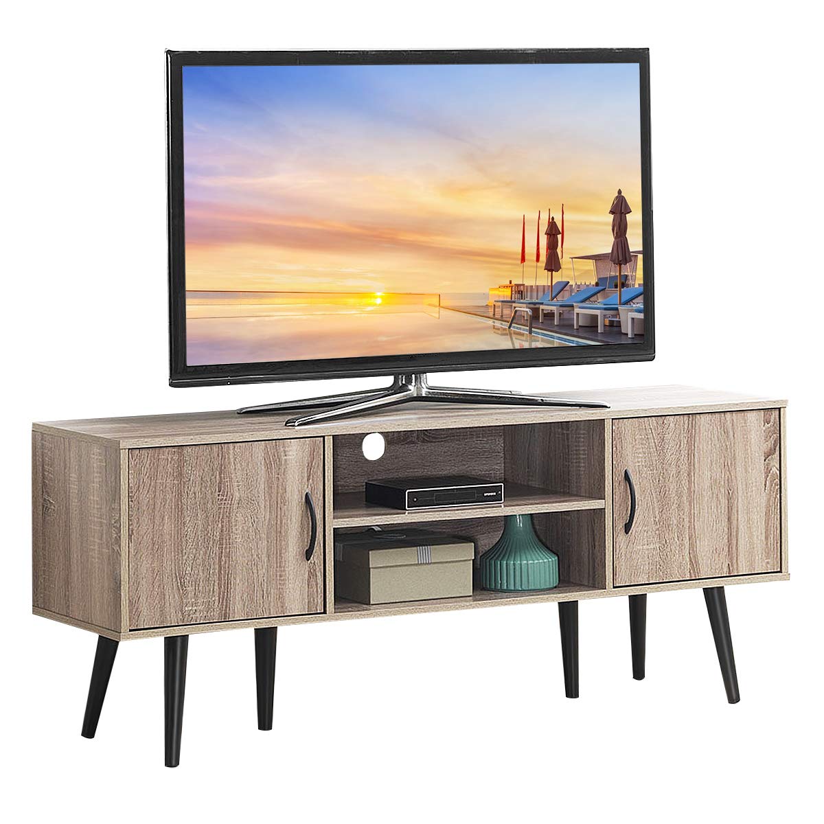 Tangkula 65 Inch Wooden TV Stand with 2 Storage Cabinets & Display Shelves - Light Walnut Media Console for Living Room, Bedroom & Home Entertainment - Sturdy TV Stand for Flat Screens up to 65