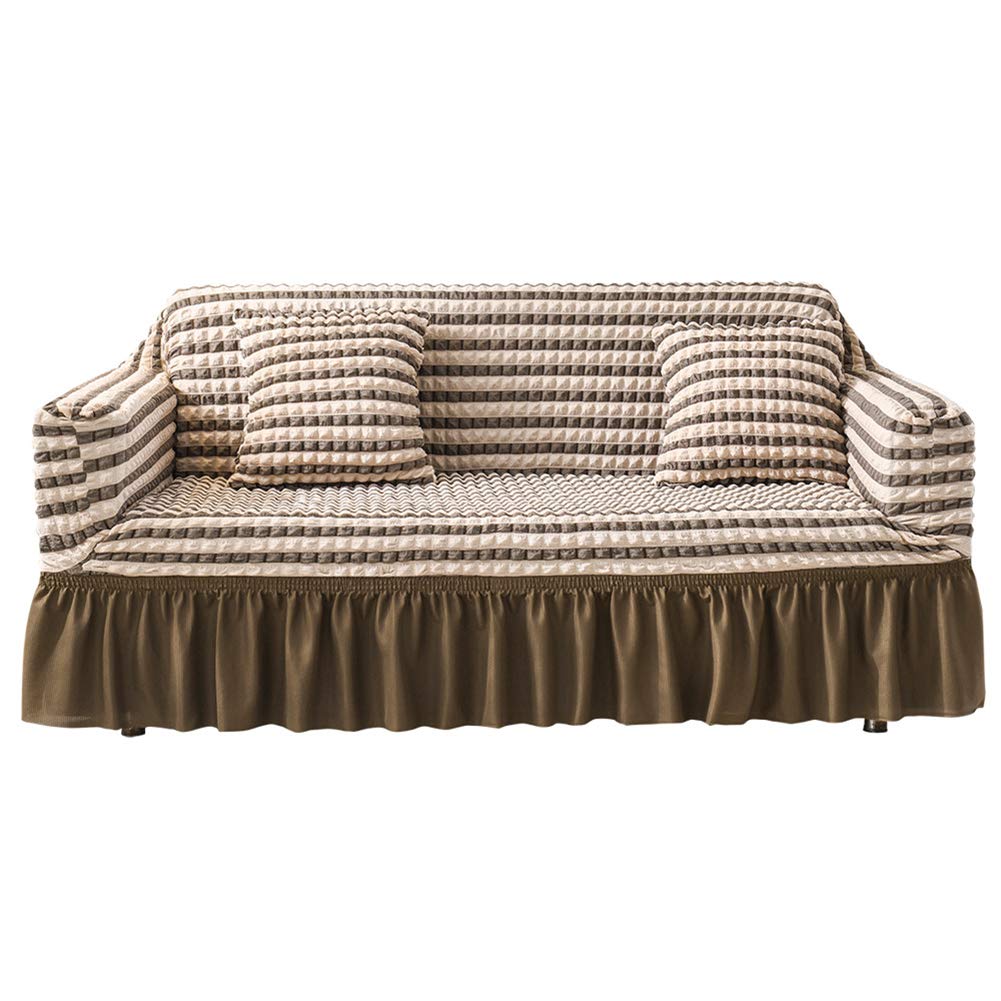 Stretchable Durable Jacquard Sofa Slipcover with Skirt - Washable Furniture Protector, Brown Stripe Pattern - Perfect for Living Room, Bedroom & Home Decor
