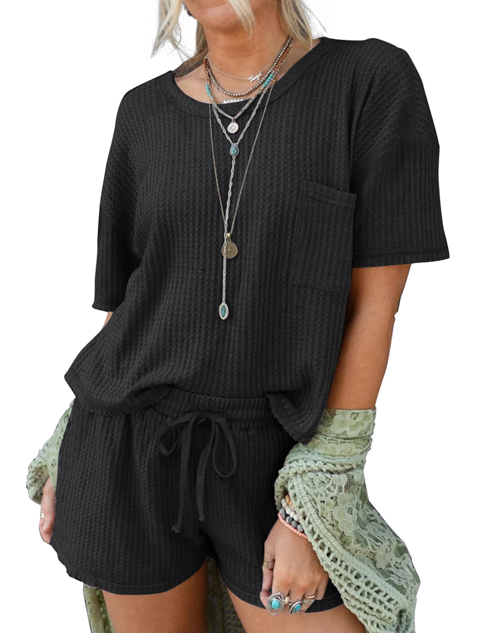 Andeip Women's Waffle Knit Pajama Set - Short Sleeve Top & Shorts 2-Piece Loungewear with Pockets | Soft Sleepwear, Cozy Lounge Outfit for Home, Travel & Relaxation