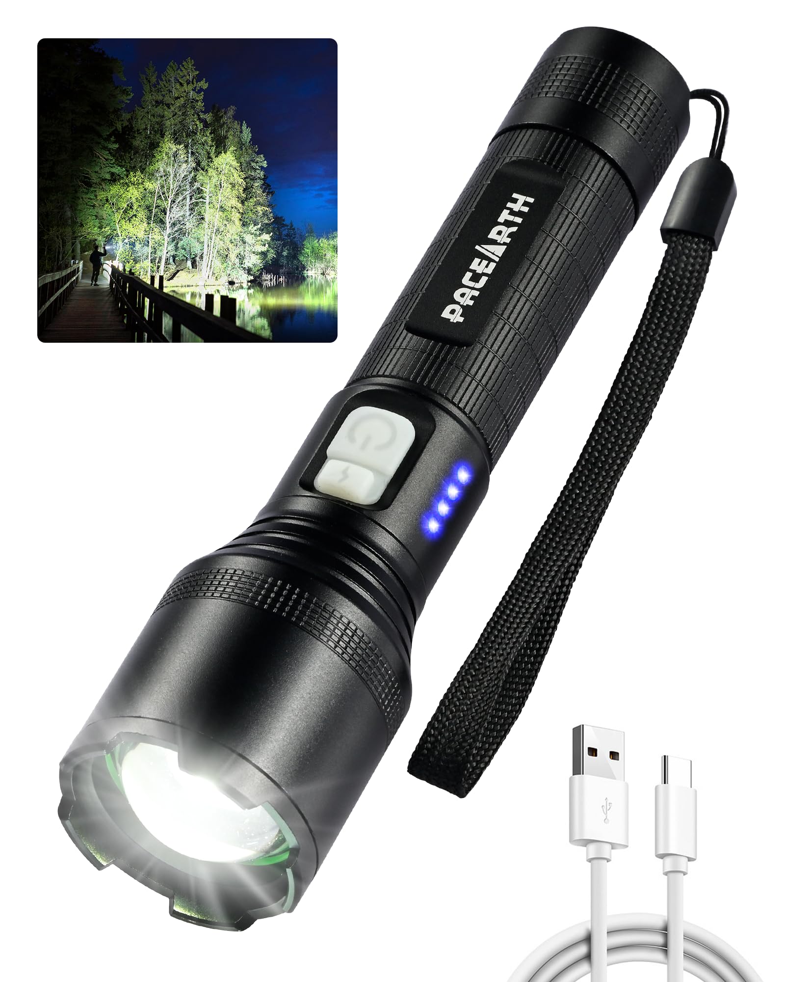 PACEARTH 2000LM Rechargeable Tactical Flashlight - High Lumens LED Flashlight with 5 Modes, Adjustable Zoom, Waterproof Design - Perfect for Camping, Hiking, Emergency & Outdoor Adventures