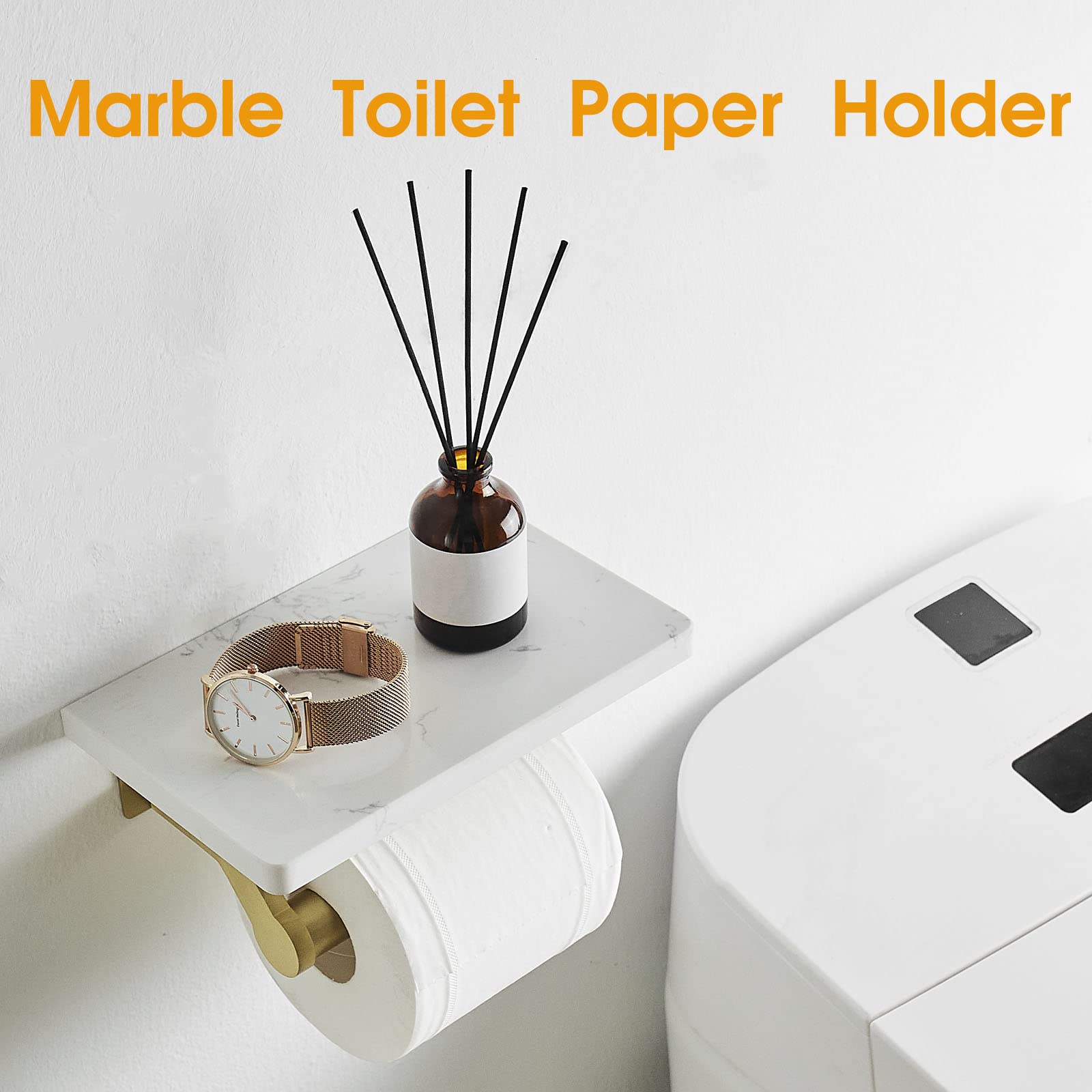 Brushed Gold Stainless Steel Toilet Paper Holder with White Natural Marble Shelf - Wall Mounted Bathroom Tissue Roll Holder for Kitchen, Washroom & Bedroom - Elegant Storage Solution for Home and Office Spaces