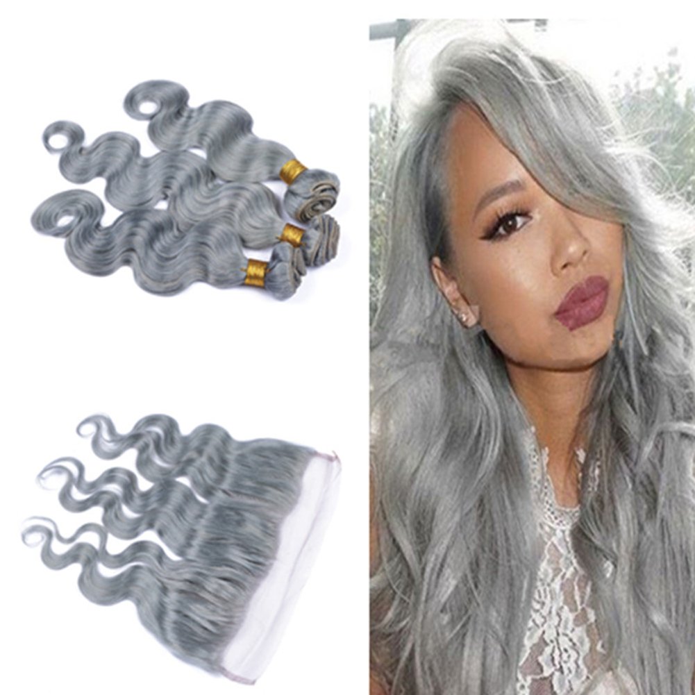 13x4 Ear to Ear Lace Frontal Closure - 100% Virgin Human Hair Bundles - Silver Gray Body Wave - 8A Grade (4Pcs Set 8+10+10+10) - Perfect for Protective Styles, Wig Making & Everyday Wear