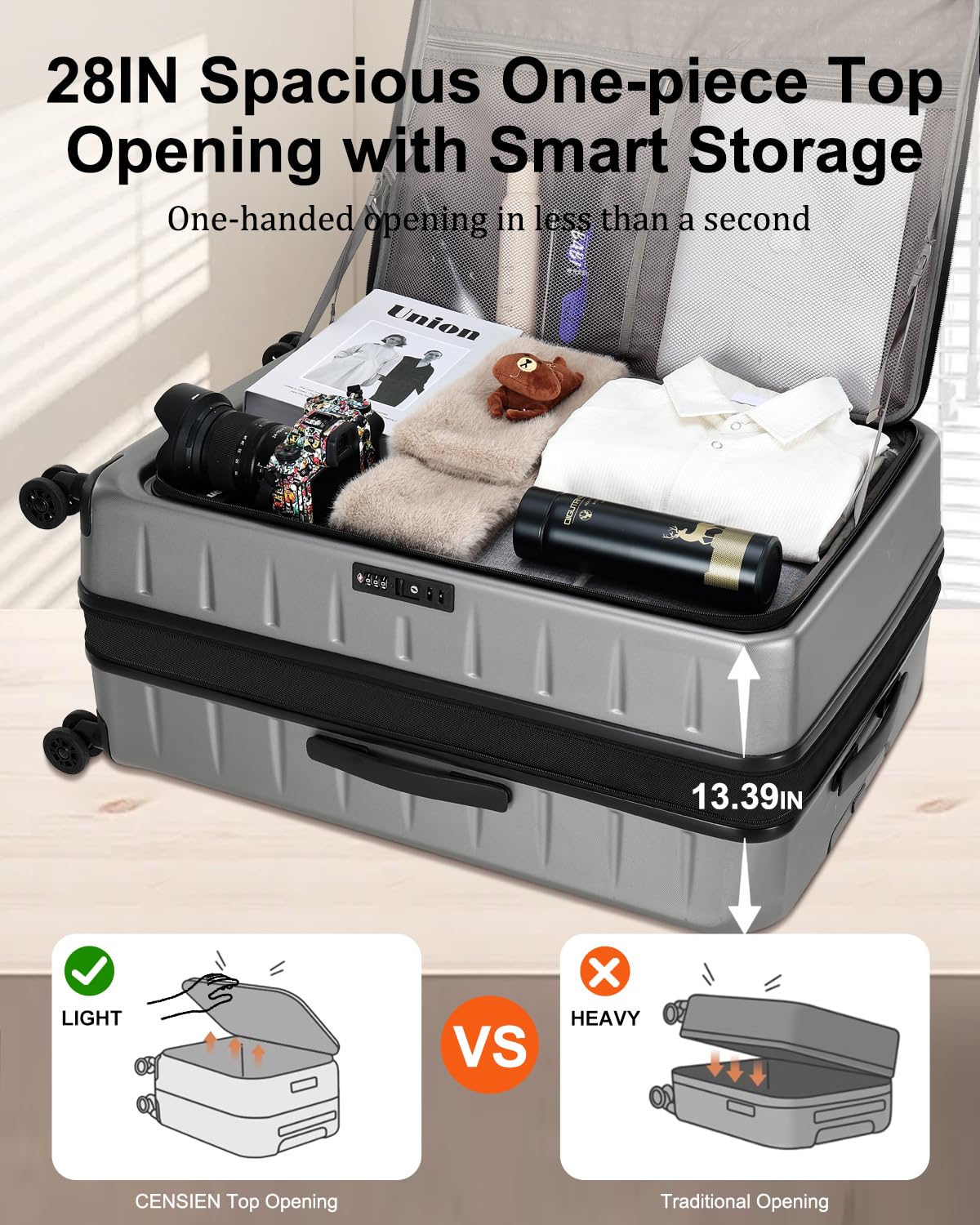 28 Inch Expandable Checked Luggage with Spinner Wheels - Lightweight ABS+PC Hard Shell Suitcase with TSA Lock & Top Opening - Perfect for International Travel & Long Trips (Dark Gray, 1PC)