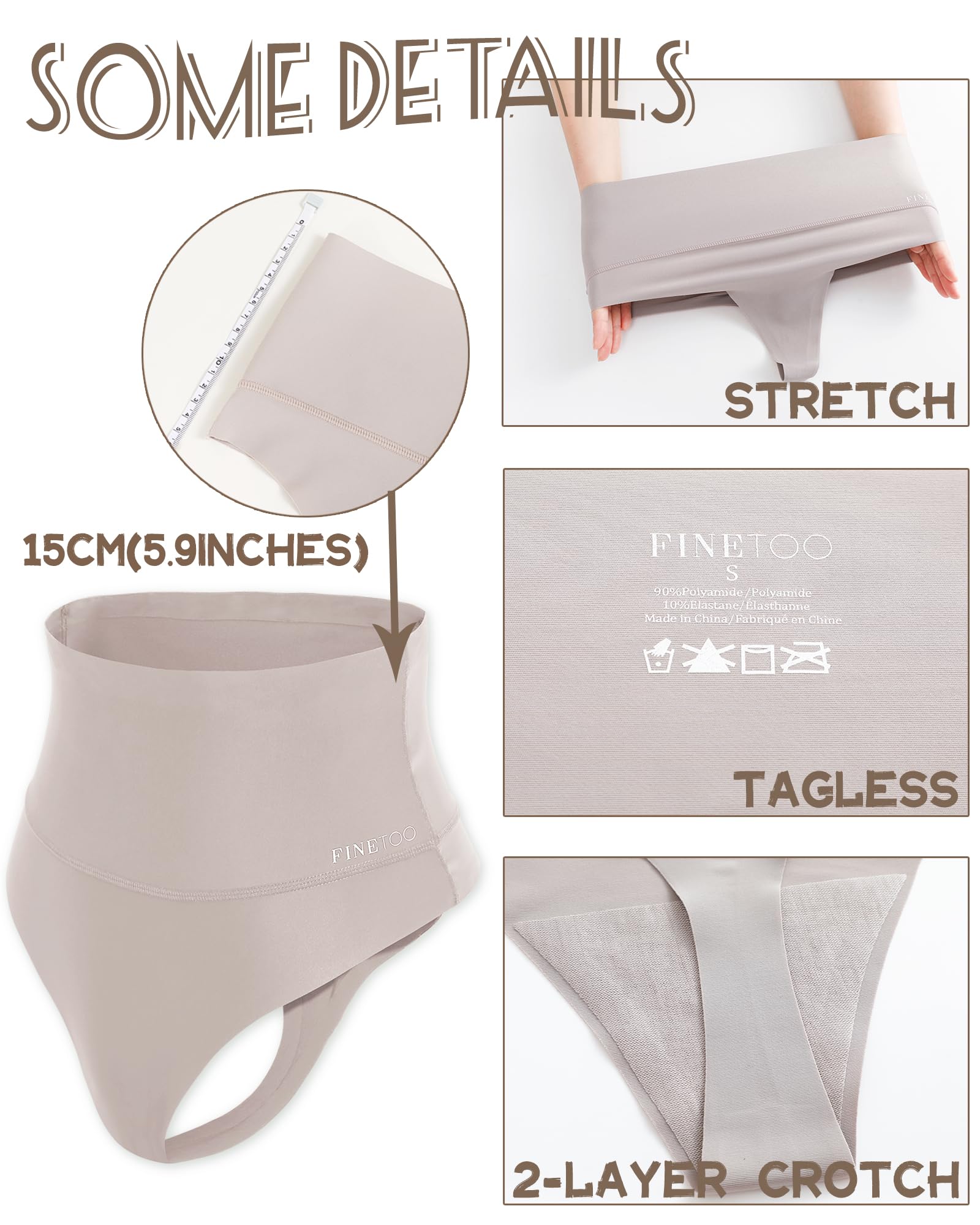 FINETOO Women's High Waisted Thong Underwear - Tummy Control Seamless Shapewear Panties No Show Comfort 4 Pack (Sizes S-3XL) - Perfect for Everyday Wear, Workout & Special Occasions