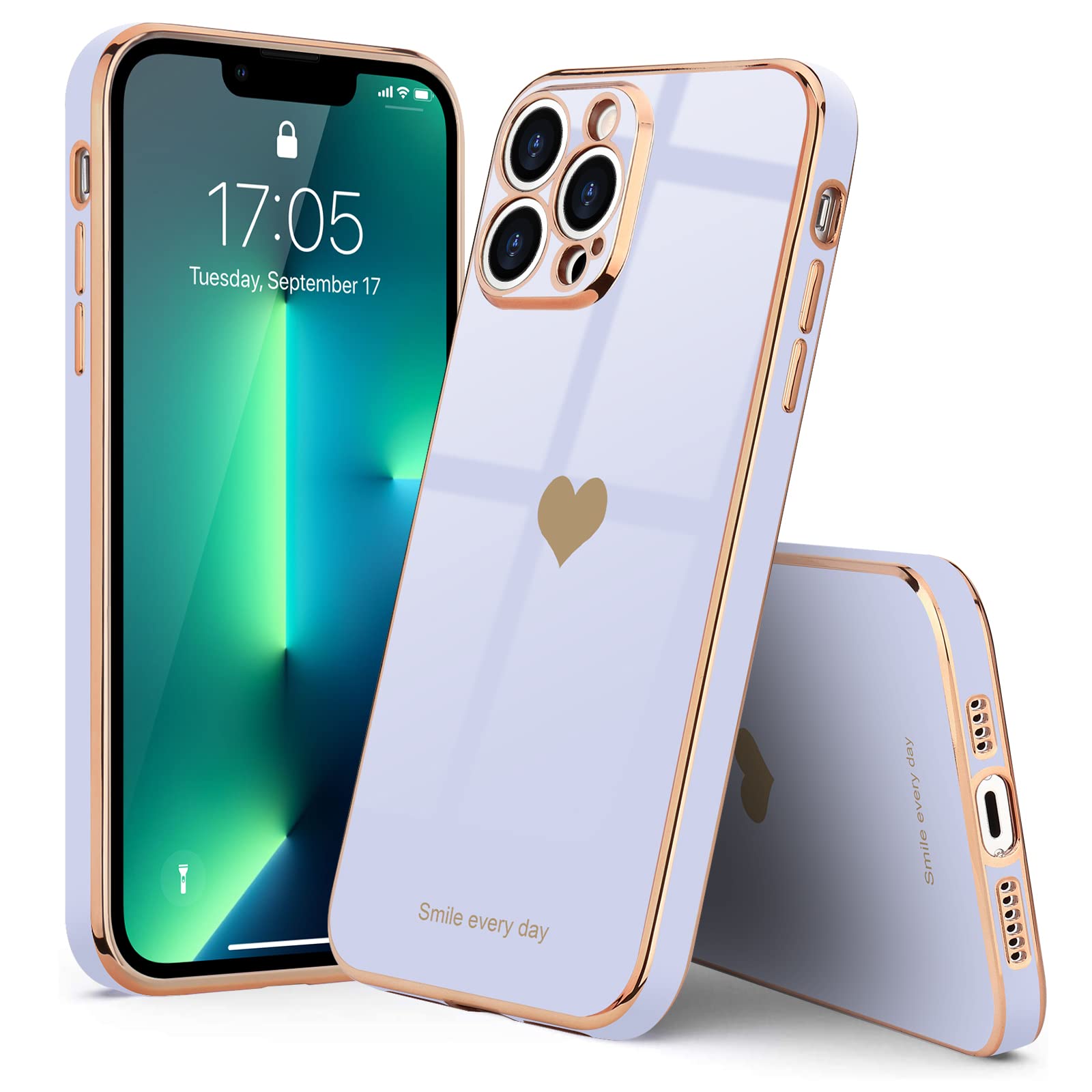 Teageo iPhone 13 Pro Max Case - Cute Heart Pattern Slim Luxury Bling Plating Soft TPU Shockproof Phone Cover for Women & Girls | Perfect for Everyday Use, Work & Travel (Purple)