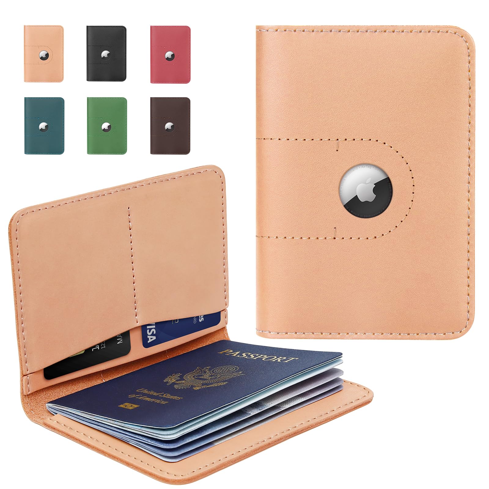 Genuine Leather Passport Holder with AirTag Slot - RFID Blocking Travel Essentials for Women & Men | Waterproof Passport Cover Wallet for International Flights, Airport Security & Business Trips | Perfect Travel Gift in Beige