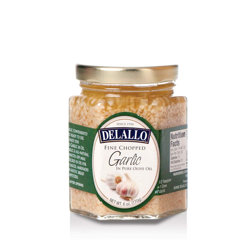 DeLallo - Fine Chopped Garlic in Pure Olive Oil, (2) 6 oz Jars - Perfect for Cooking, Pasta, Pizza & Mediterranean Dishes