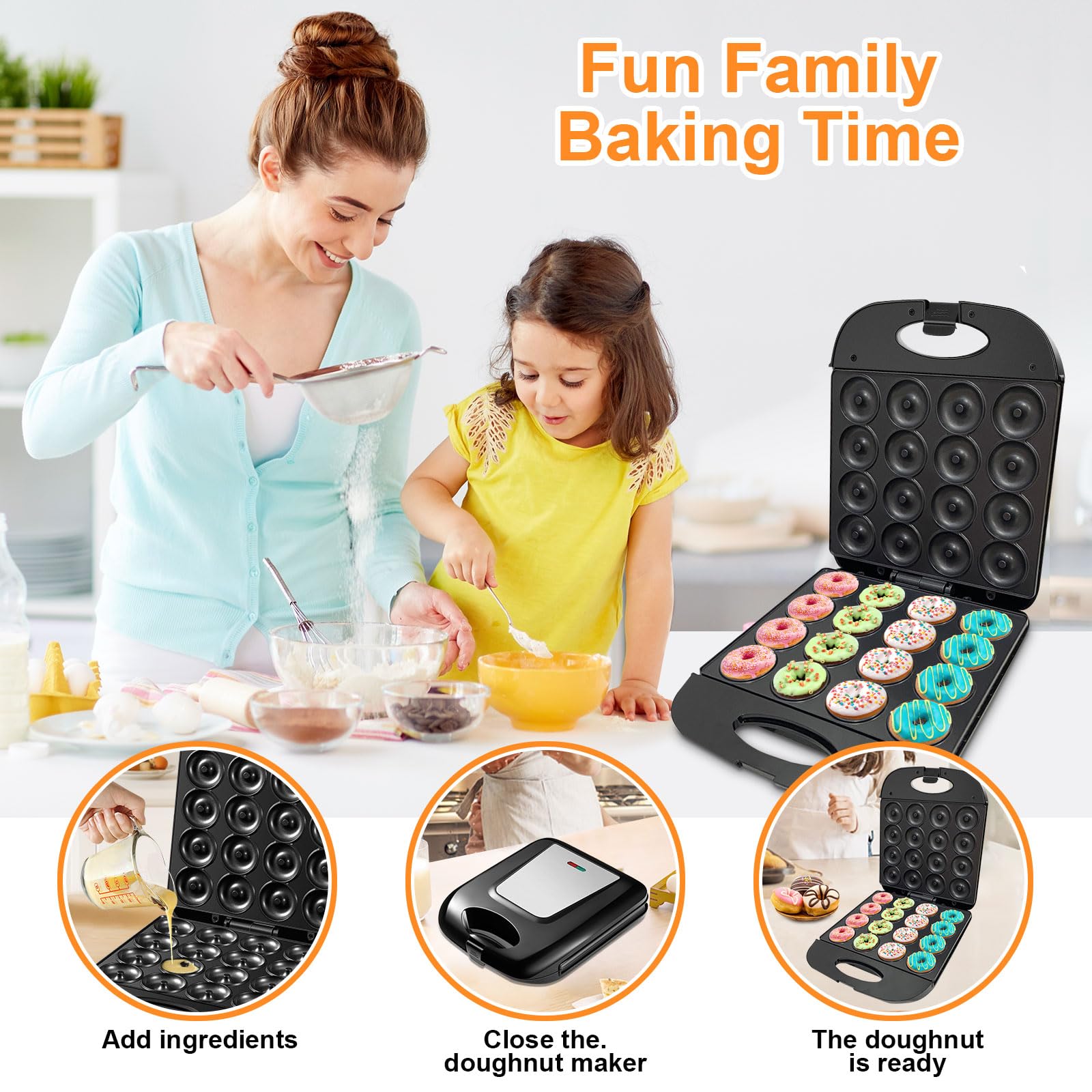 2025 Mini Donut Maker Machine - 16-Hole Electric Donut & Pancake Maker for Home Use, Non-Stick Surface, Kid-Friendly Design with Mini Oven Gloves & Brush (Black) - Perfect for Breakfast, Snacks, Birthday Parties & Family Baking Activities