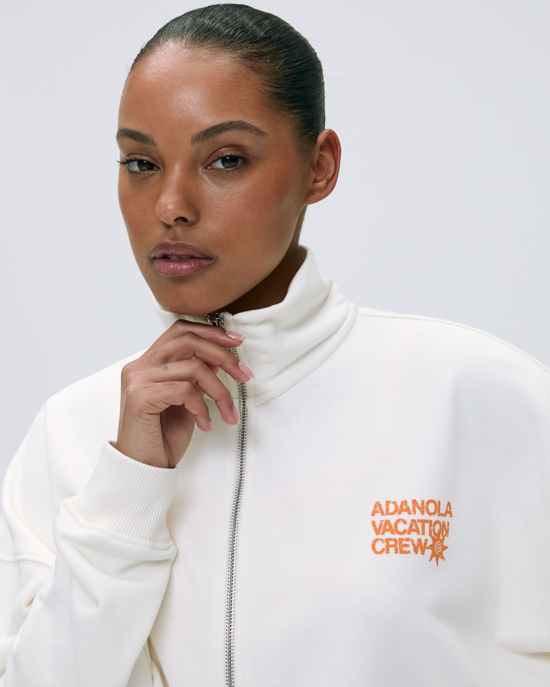 Vacation Full Zip Funnel Neck Sweatshirt - Marshmallow White & Mango Orange | Cozy Pullover Hoodie for Travel, Camping & Casual Outfits