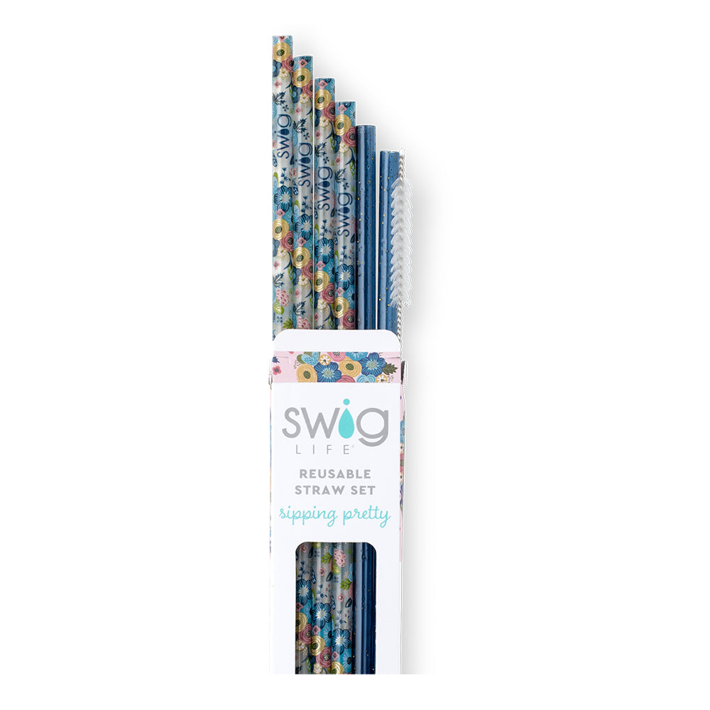 Bella Rosa & Navy Glitter Reusable Straw Set - 4 Pack Eco-Friendly Stainless Steel Drinking Straws with Cleaning Brush | Perfect for Smoothies, Cocktails, and Parties