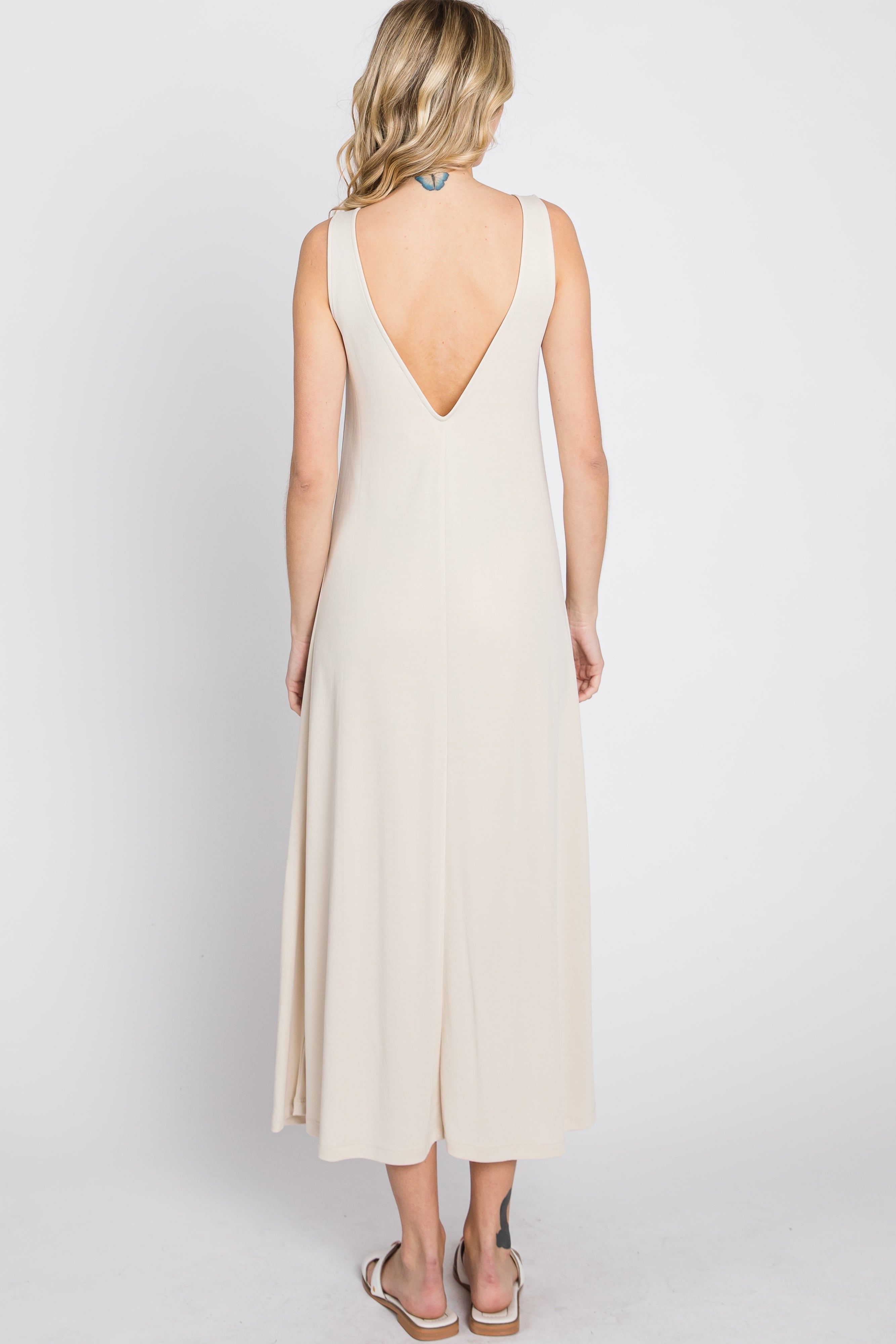 Beige Low V Back Sleeveless Midi Dress for Women - Elegant Summer Casual & Wedding Guest Outfit - Perfect for Beach Vacations, Date Nights & Special Occasions