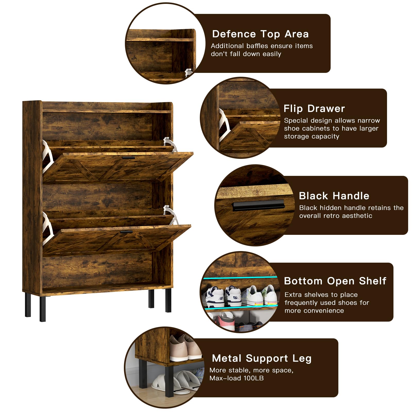 Farmhouse Wooden Shoe Cabinet with 2 Flip Drawers - Rustic Brown Entryway Storage Organizer, Freestanding Tall Narrow Shoe Rack with Metal Legs for Hallway, Living Room & Bedroom Organization