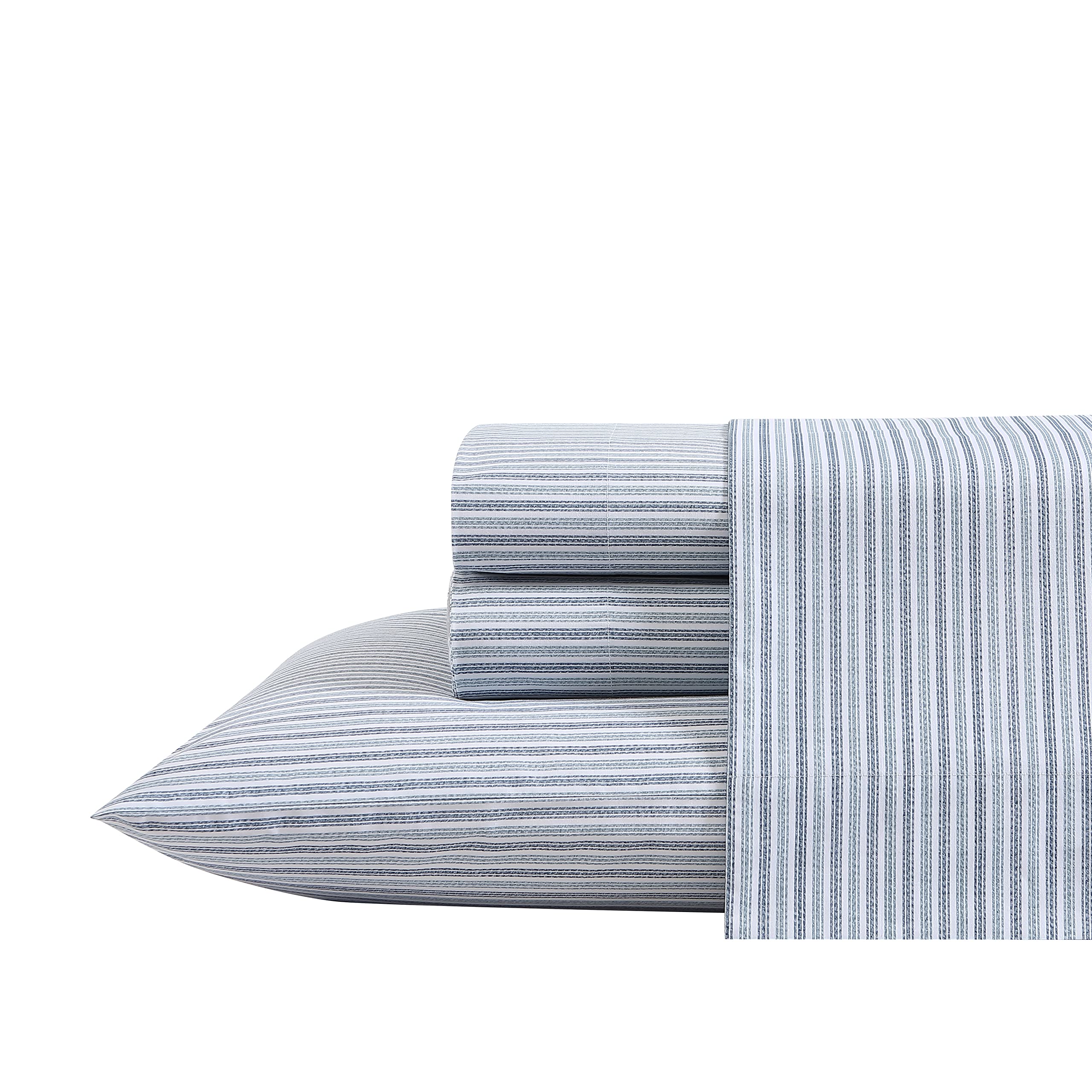 Eddie Bauer Queen Size Cotton Percale Sheet Set - Light Blue Ticking Stripe Bedding for Cool & Comfortable Sleep - Perfect for Master Bedroom, Guest Room & Vacation Homes