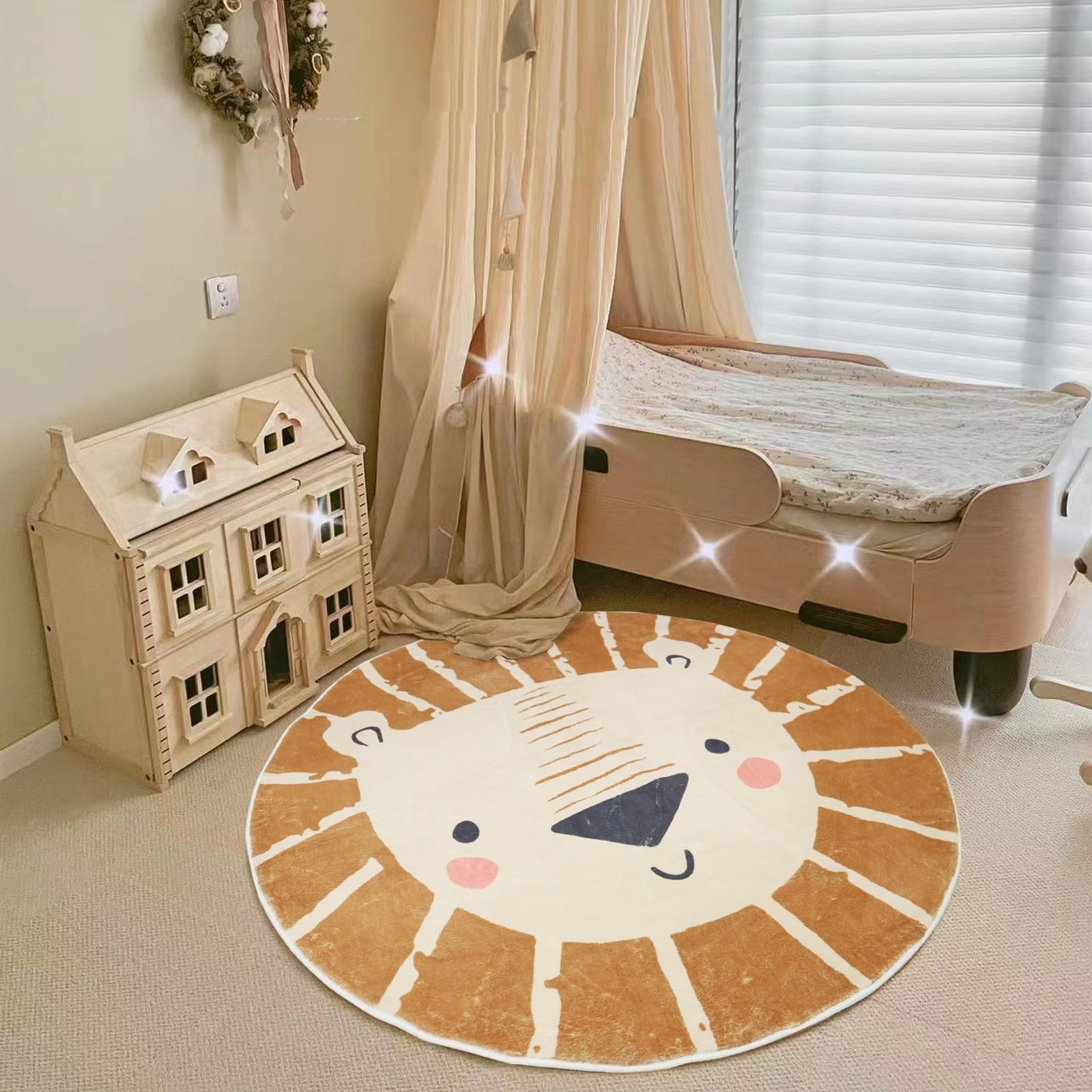 ABREEZE 4ft Lion Round Kids Play Rug - Soft Plush Non-Slip Nursery Door Mat for Children's Bedroom, Living Room & Playroom (Brown) - Perfect for Playtime, Learning & Cozy Floor Activities