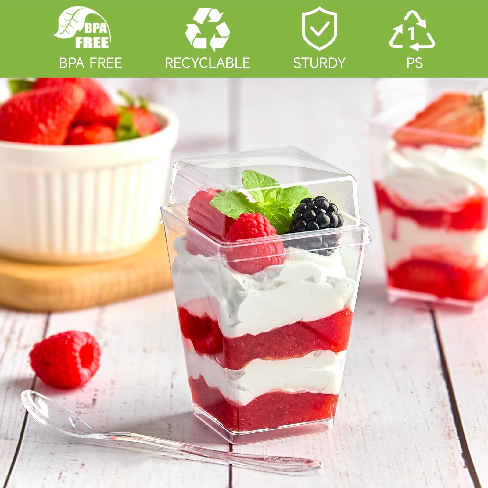 50 Pack 5 oz Clear Plastic Dessert Cups with Lids & Spoons - Square Mini Parfait Containers for Yogurt, Pudding, Ice Cream, Fruit & Appetizers - Perfect for Parties, Catering & Home Dessert Serving