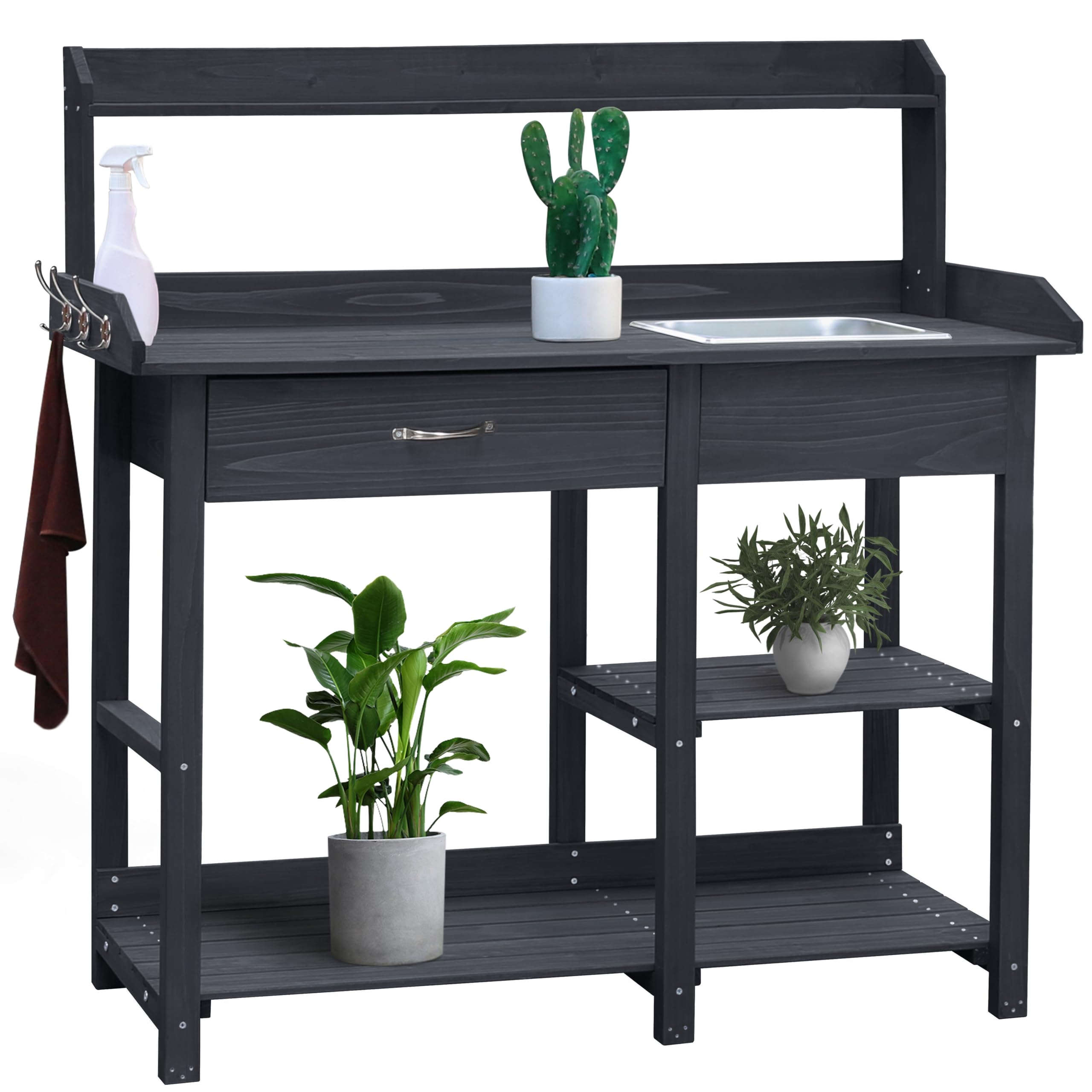 VEIKOU Outdoor Potting Bench with Removable Stainless Steel Sink, Side Hooks & Lower Shelves - Heavy Duty Garden Table for Planting, Gardening, Patio & Porch Use (Gray) - Perfect for Potting Plants, Organizing Tools & Outdoor Decor