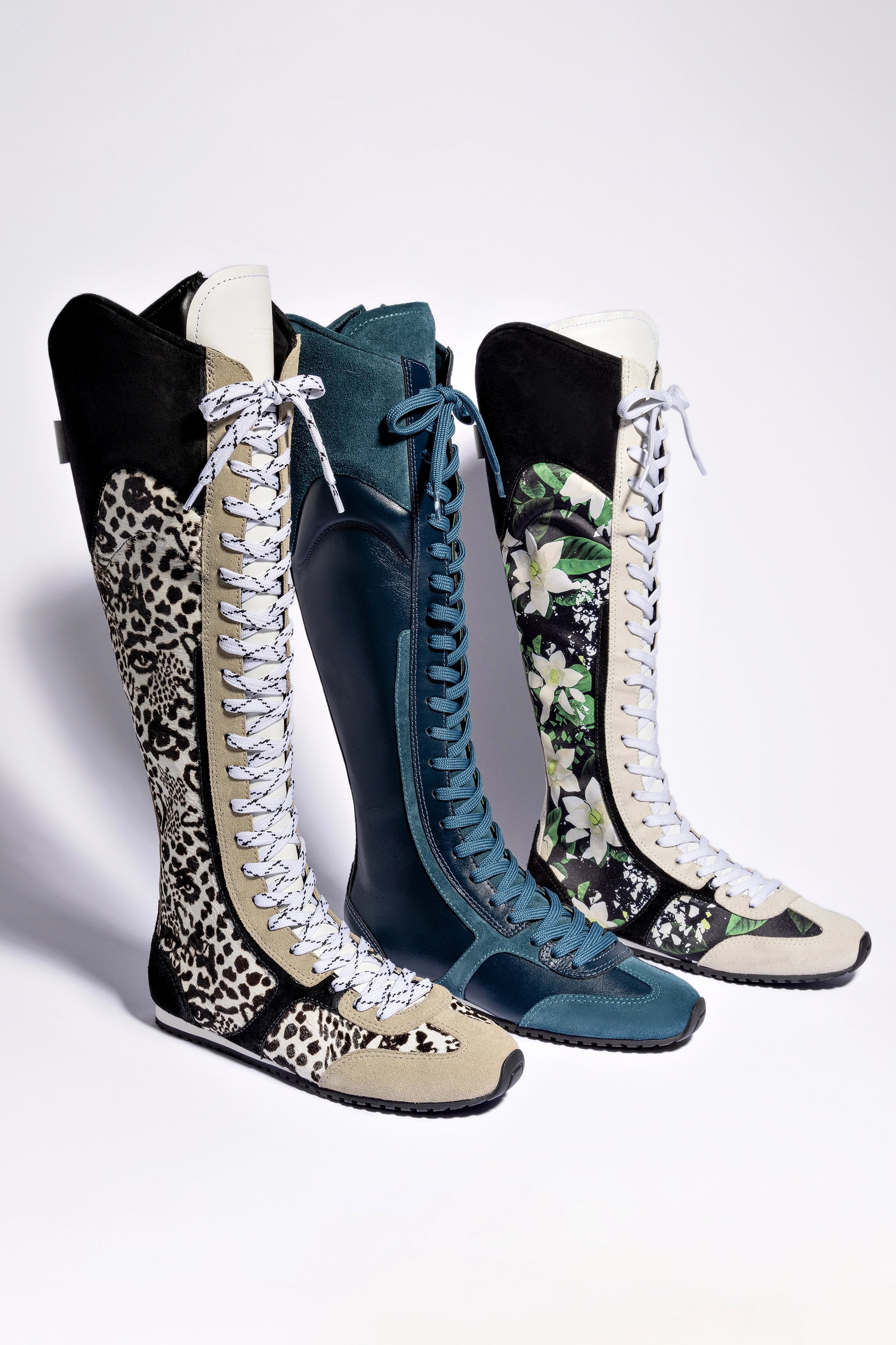 Larroudé x Jonathan Cohen Black Gardenias Satin & Suede Flat Hi Sneaker Boot - Stylish Women's Fashion Shoes for Casual Wear & Night Out