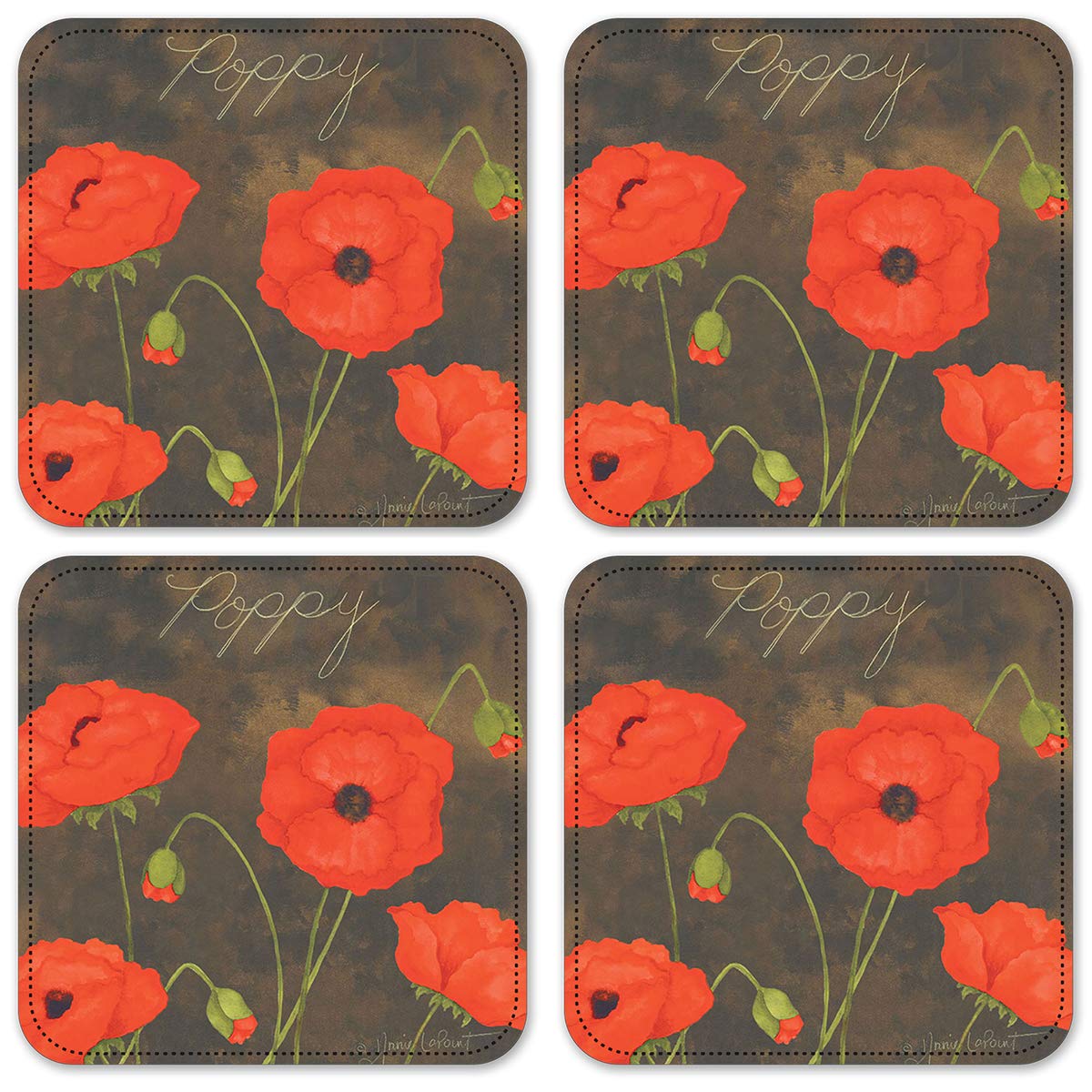 Stylish Vinyl Drink Coasters Set of 4 - Vibrant Poppy Design - Perfect for Home, Office & Party Use