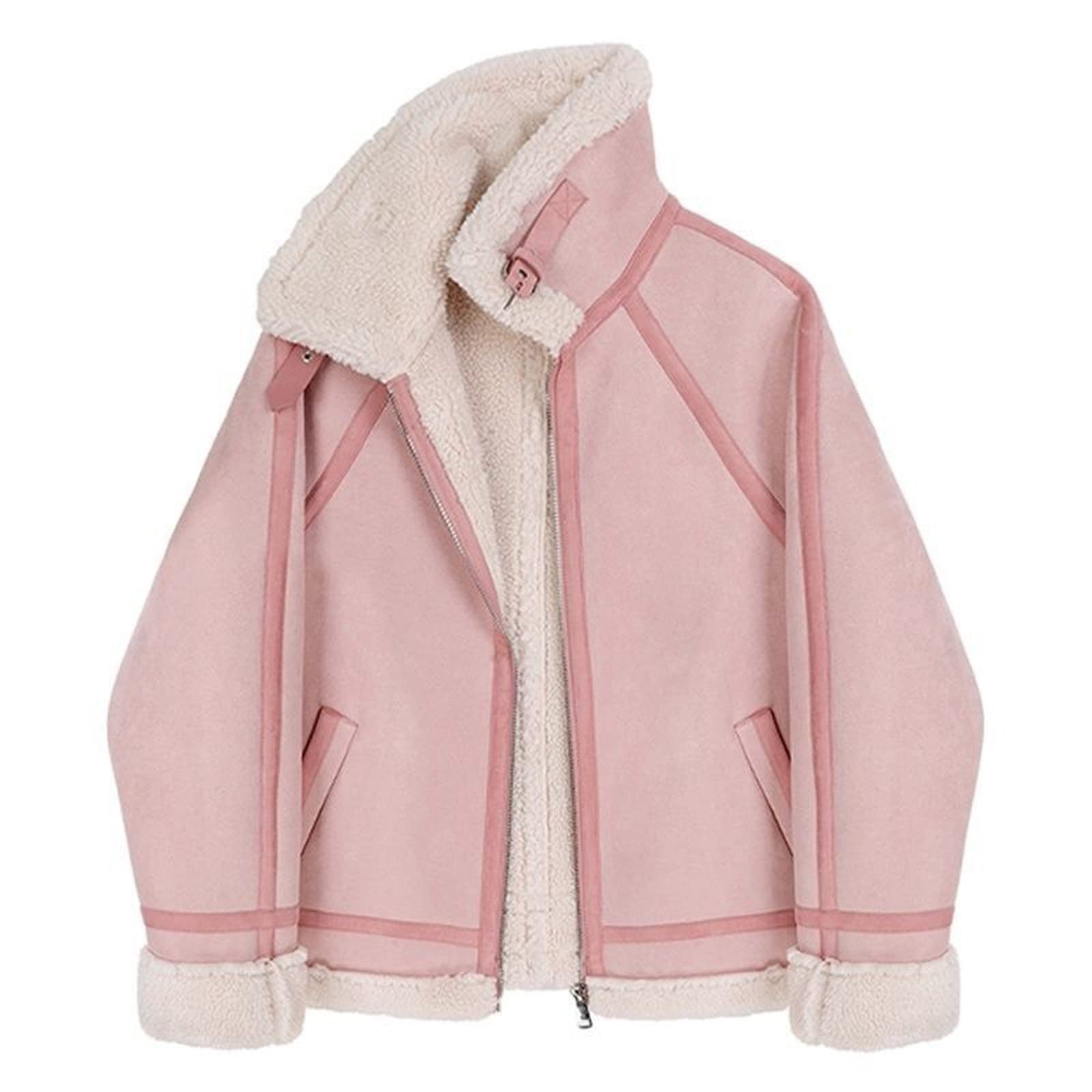 Women's Pink Shearling Cardigan Coat - Warm Winter Thickened Streetwear Fashion Jacket for Casual & Dressy Outfits (Size Medium) | Perfect for Office, Date Nights & Cold Weather Layering