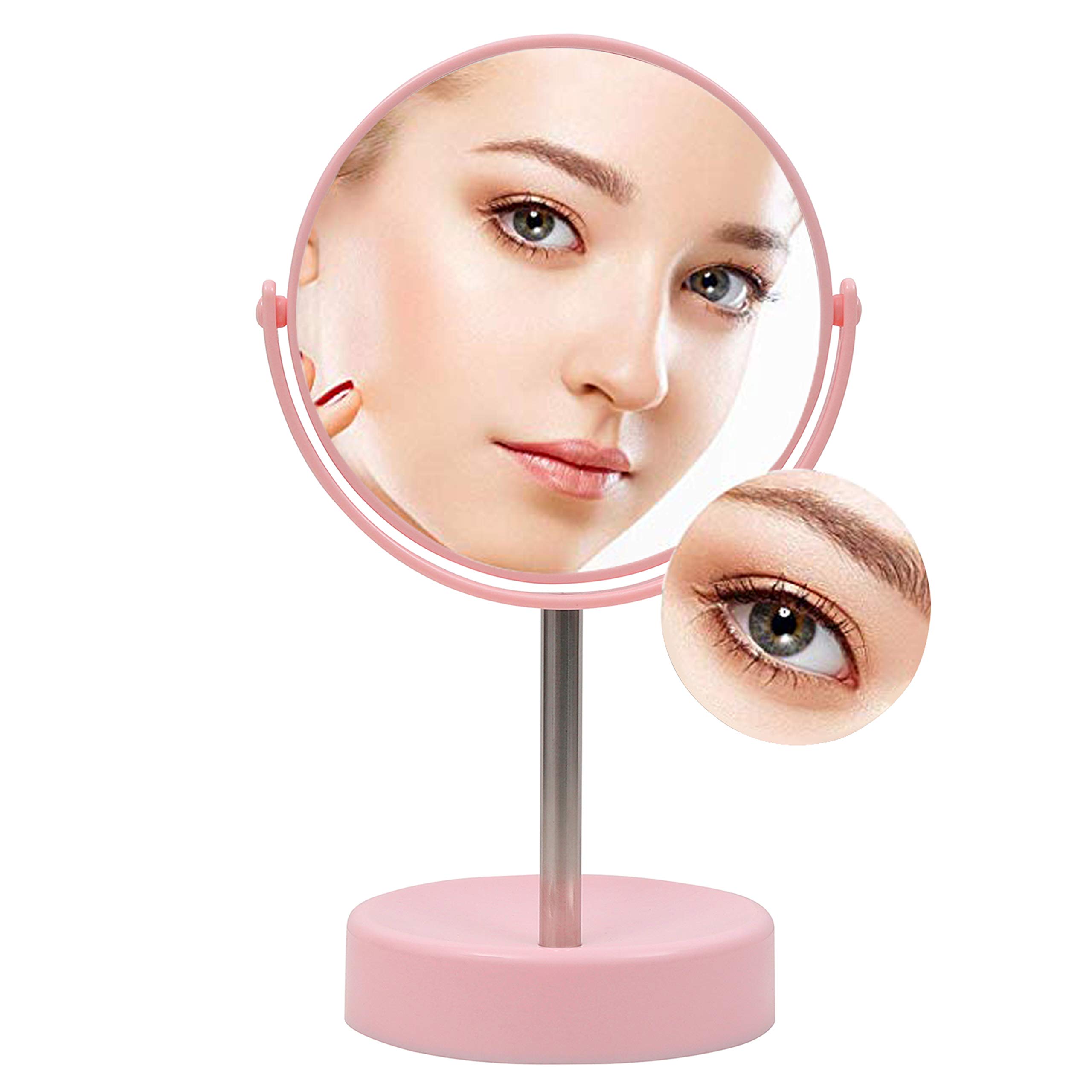 360° Swivel Double-Sided Vanity Mirror with 5X Magnification - Framed Round Metal Tabletop Makeup/Shaving Mirror with Removable Handle & Adjustable Pedestal - Perfect for Bathroom, Dressing Room & Travel