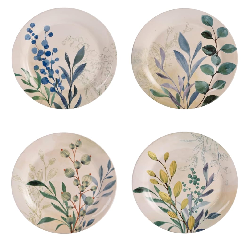Bico Botanical Valley 8.75 Inch Ceramic Salad Plates Set of 4 - Microwave & Dishwasher Safe Appetizer Dishes - Perfect for Dinner Parties, Picnics & Home Decor