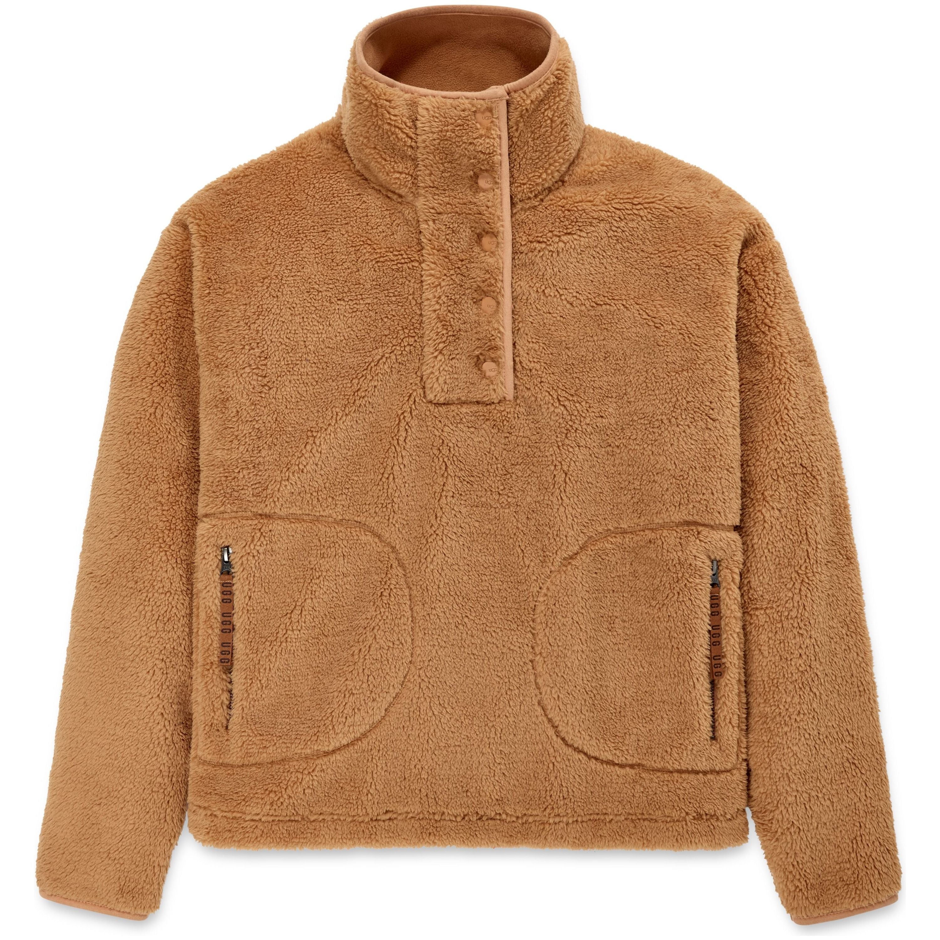 UGG Women's Atwell Sherpa Half Snap Pullover Sweater - Cozy Fleece-Lined Winter Cardigan in Tawny for Casual Outfits & Cold Weather