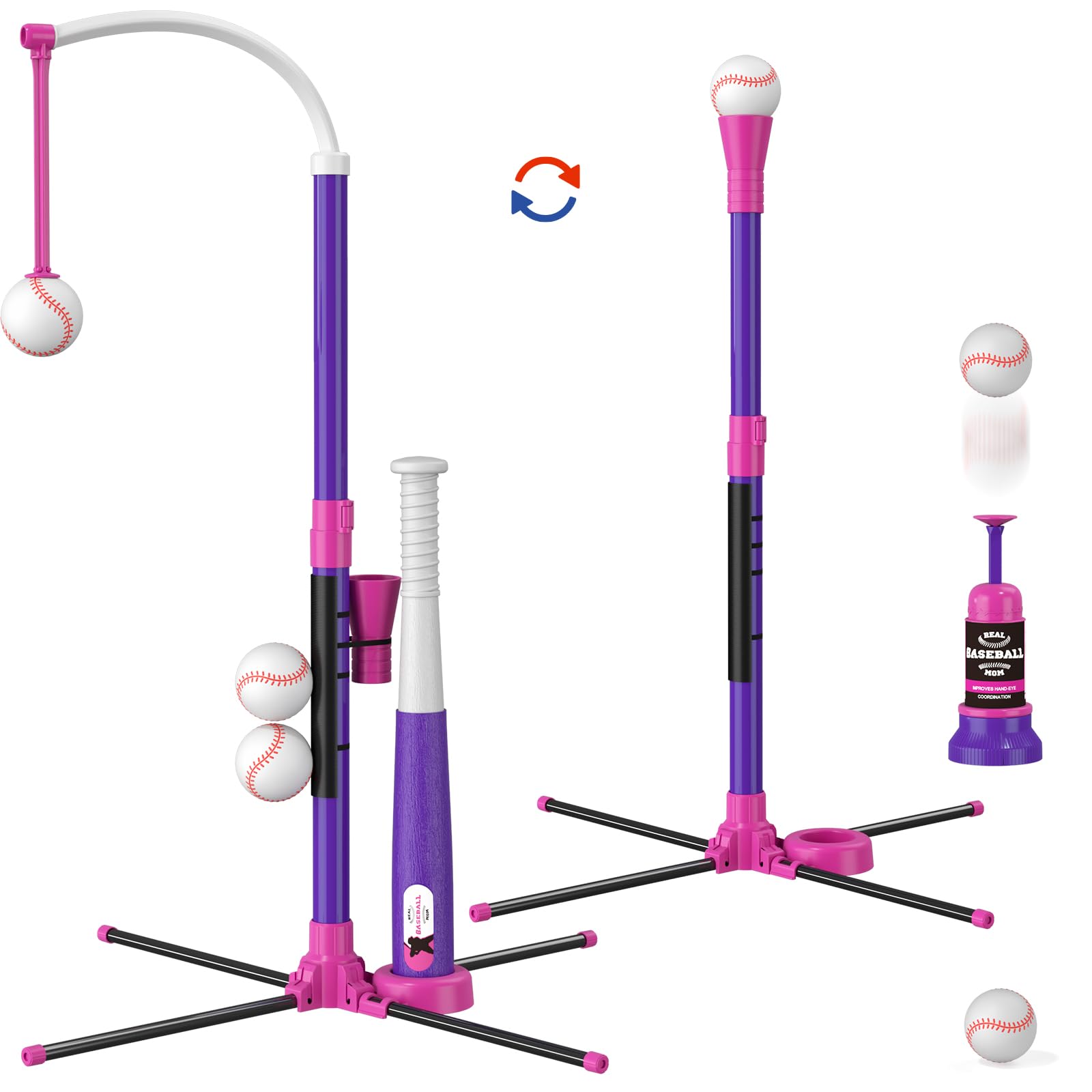 HYES 3-in-1 Adjustable Height Baseball Set for Kids Ages 3-5 - Includes Baseball, Ball Holder, Pitcher & 6 Softballs - Perfect for Backyard Practice, T-Ball Training & Outdoor Sports Activities (Purple)