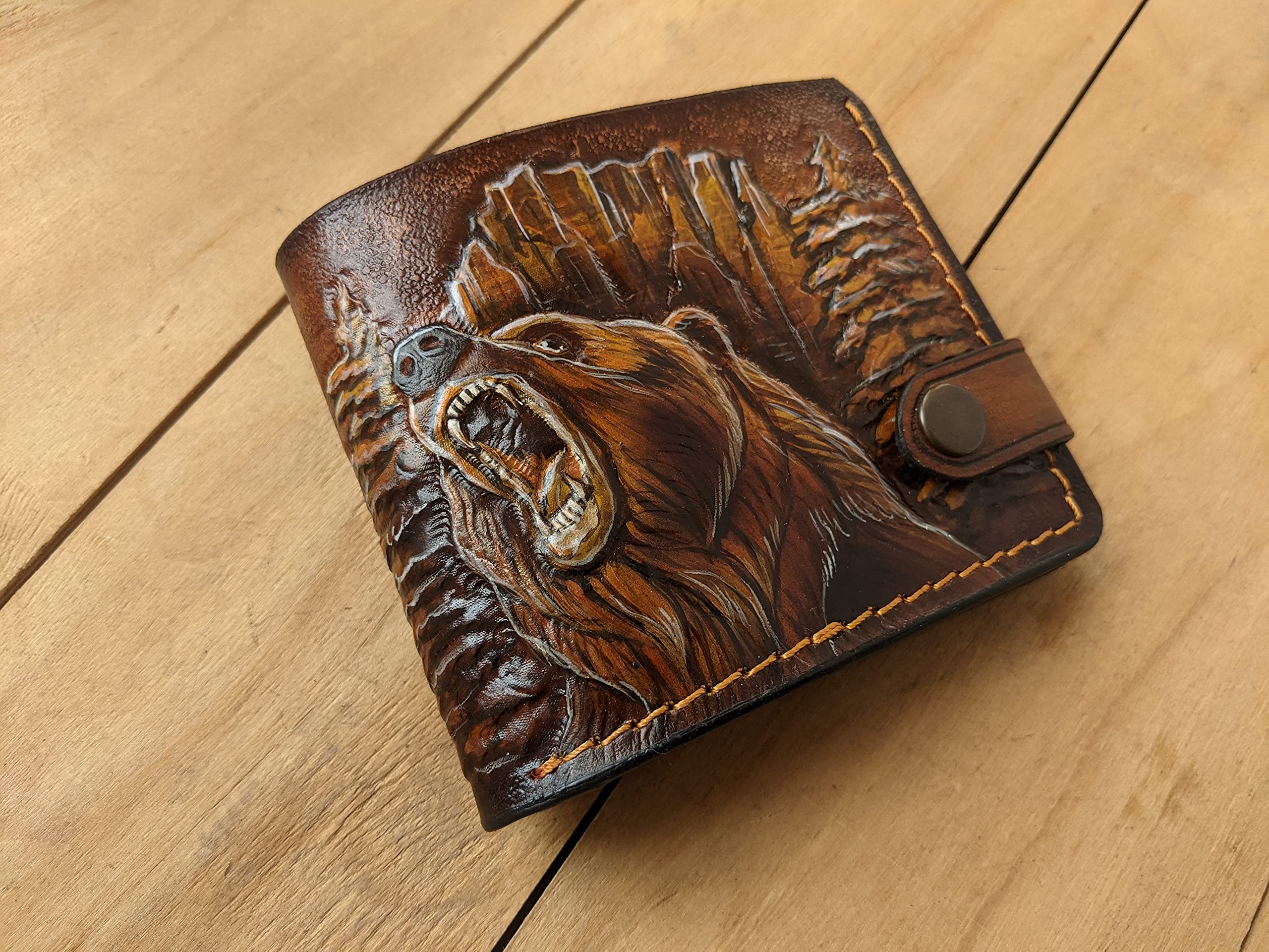 Grizzly Bear Forest Hunter Hunting Mens 3D Genuine Leather Bifold Wallet - Handmade Carved Tooled Leather Wallet with Airbrush Art - Perfect Gift for Outdoorsmen & Nature Lovers