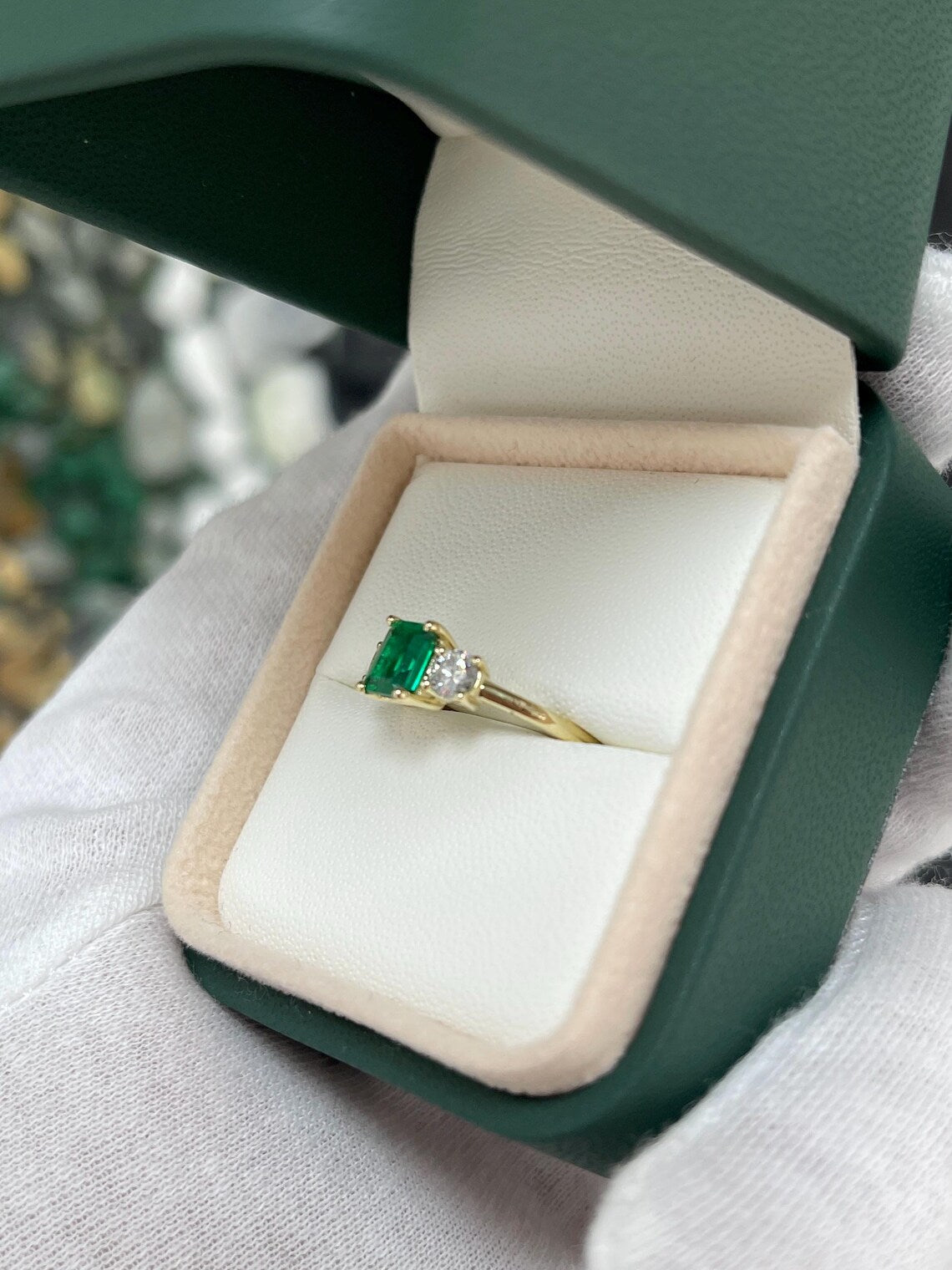 1.34ct Vivid Emerald Cut Emerald & Round Diamond Accent Engagement Ring - Elegant Proposal, Wedding, Anniversary Gift for Her
