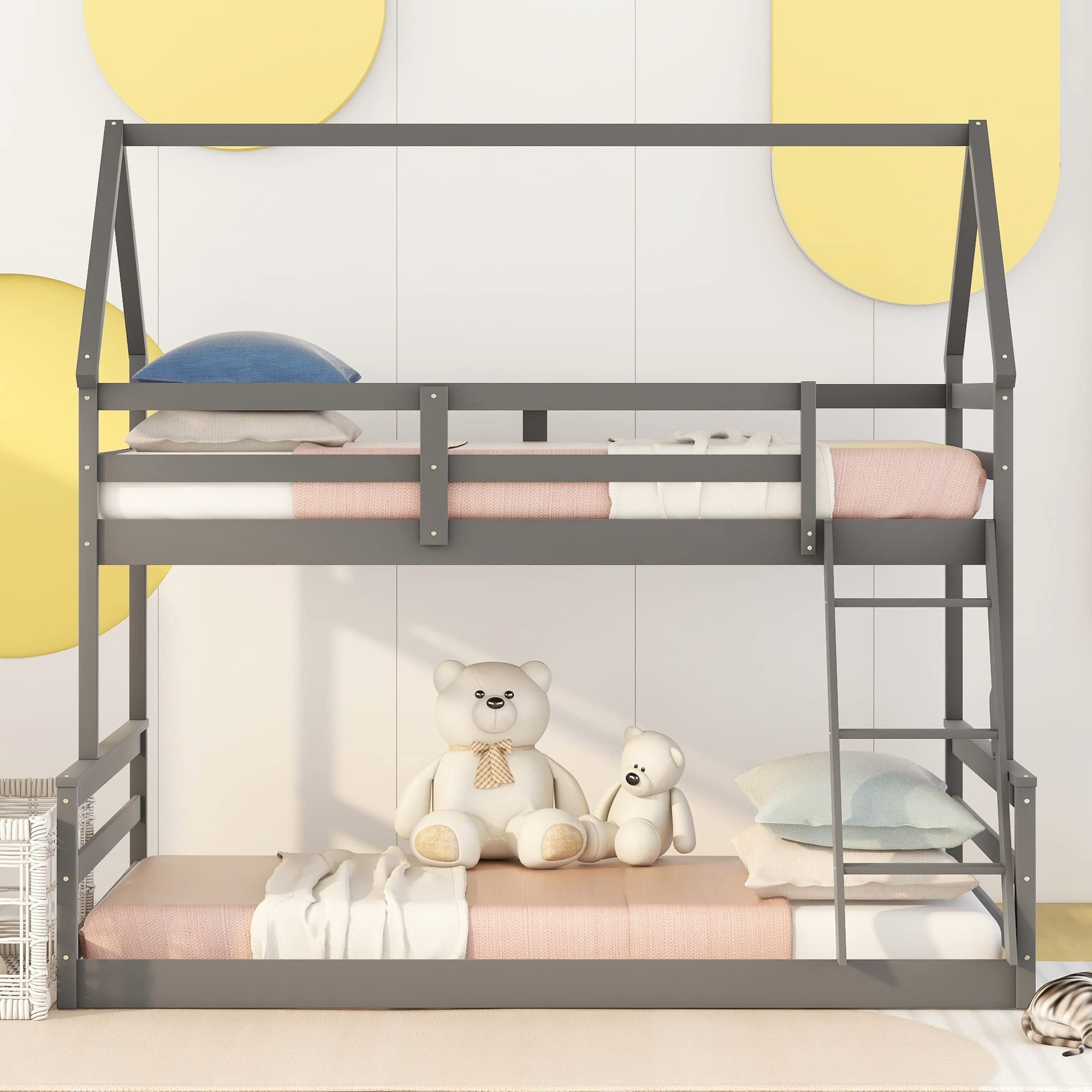 MERITLINE Twin Over Full Bunk Bed with Ladder & Safety Rail - Sturdy Wooden Kids Bunk Bed for Boys & Girls - Space-Saving Detachable Design for Growing Families (Grey) - Perfect for Small Bedrooms, Shared Kids Rooms & Vacation Homes