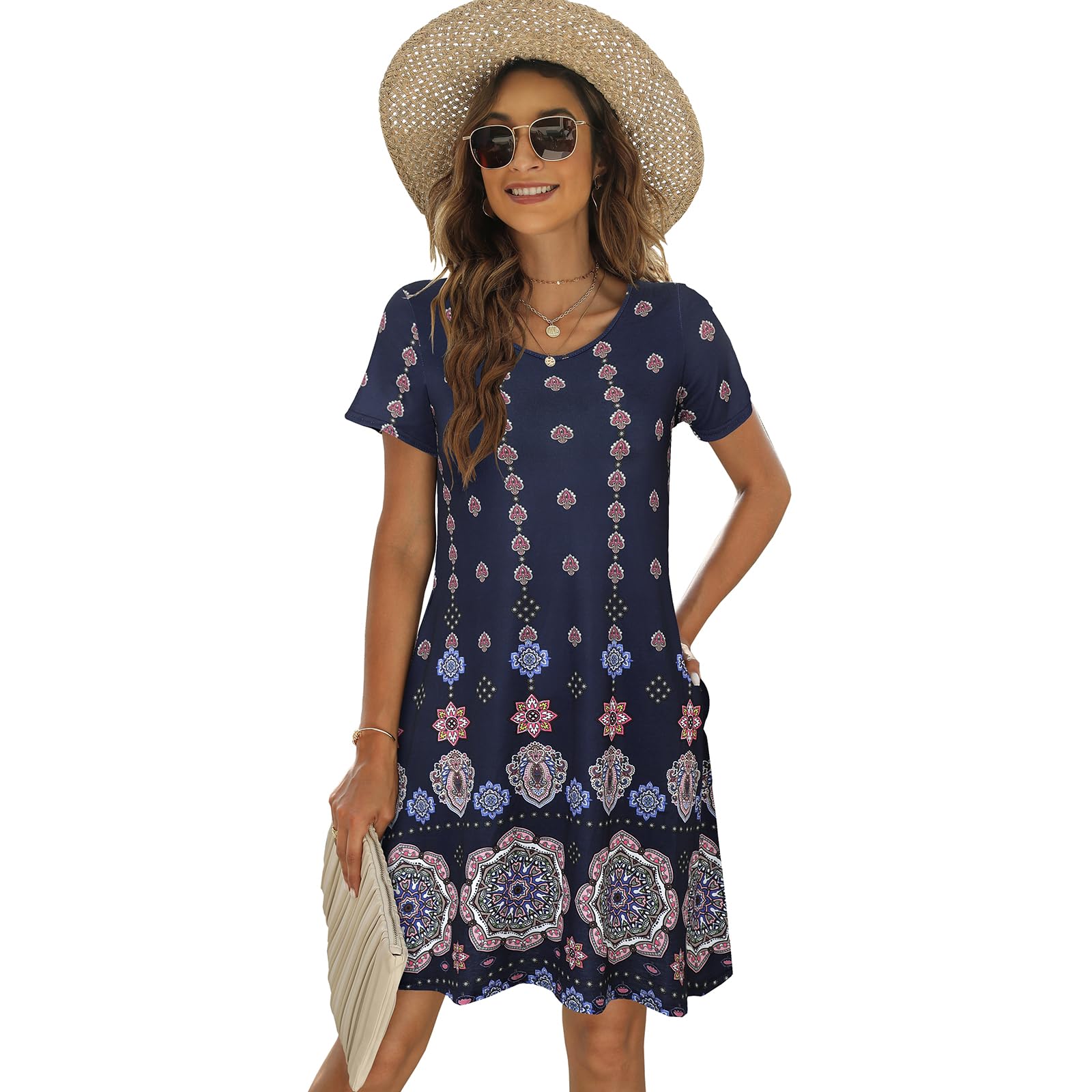 Sherosa Women's Summer Dresses 2025 - Boho Beach Sundress with Pockets, Short Sleeve Loose Fit Casual T-Shirt Dress for Vacation, Travel, and Outdoor Activities