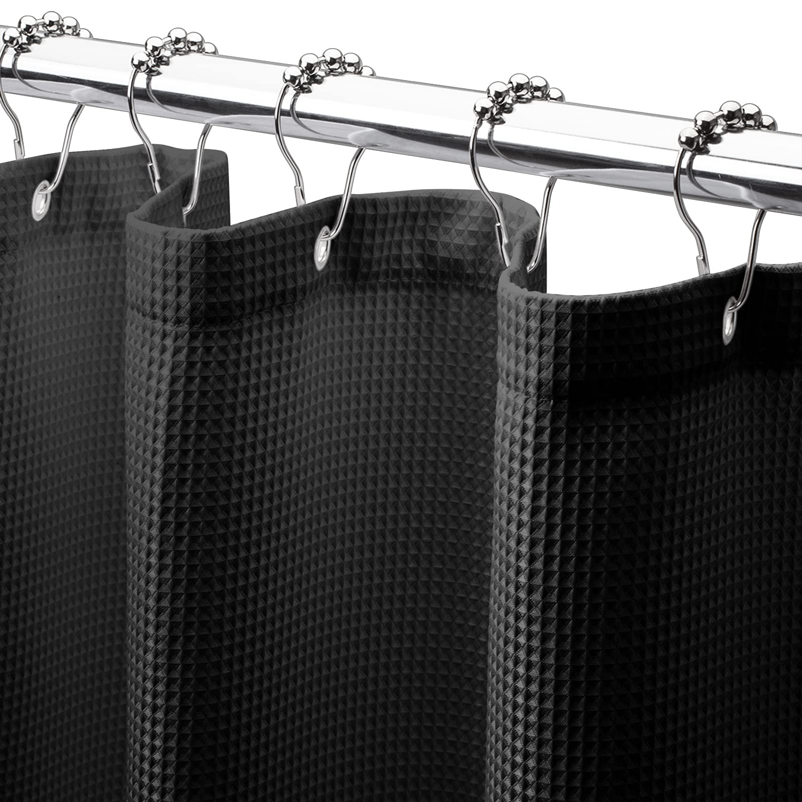 AmazerBath Premium Waffle Weave Shower Curtain - Heavy Duty Hotel Quality Fabric Bathroom Curtain 72x72 Inches (Black) - Perfect for Luxury Bathrooms, Spa-Like Showers & Modern Home Decor