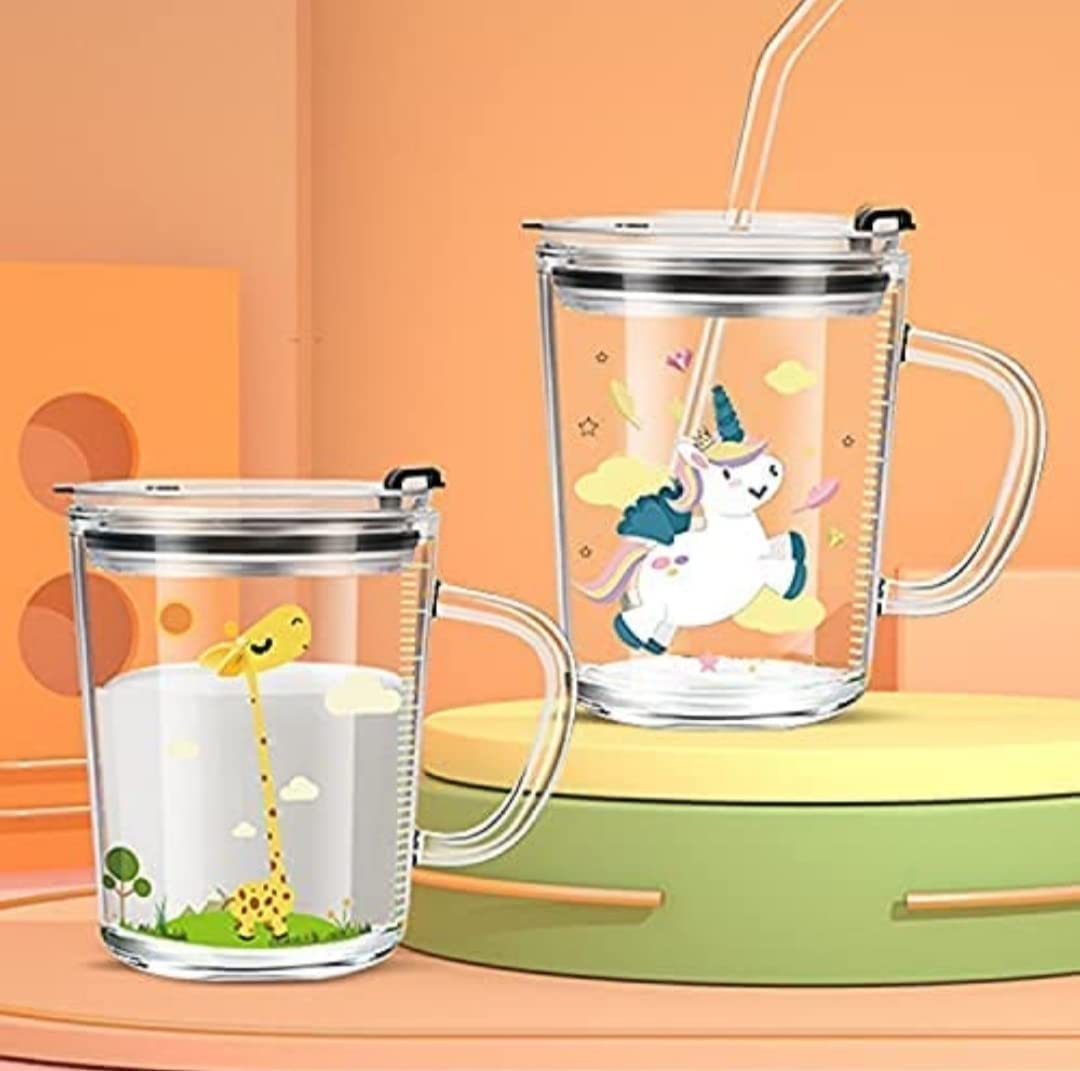 PrimeWorld 350ml Cartoon Printed Baby Sipper Mug with Straw & Lid - BPA-Free Milk, Juice, Water, Shakes Measuring Cup for Kids & Toddlers - Perfect for Home, School, Travel & Outdoor Activities