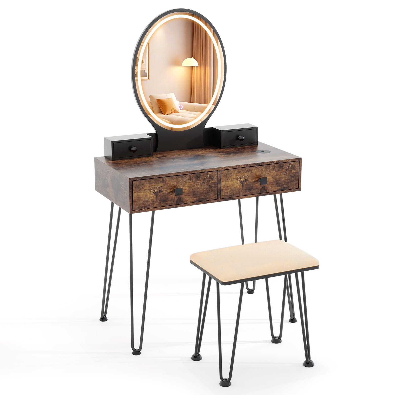 Charmaid Retro Vanity Desk with LED Lights & Mirror, Makeup Dressing Table with 4 Drawers, USB Charging Station, 3-Color Adjustable Lighted Mirror & Stool - Rustic Brown Small Bedroom Furniture for Women's Beauty & Cosmetics Organization