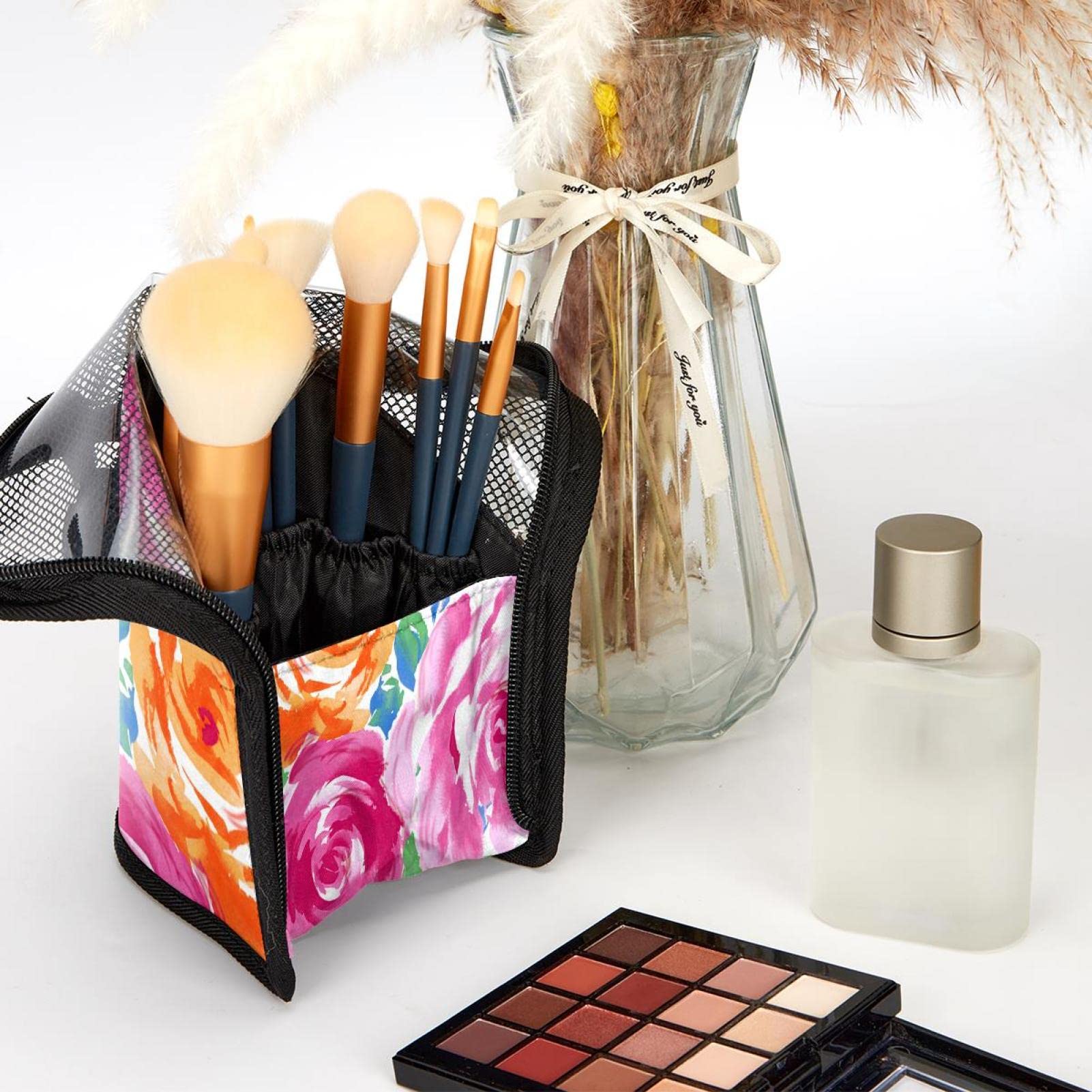 12-Piece Makeup Brush Organizer Bag with Watercolor Pink & Yellow Floral Design - Portable Travel Cosmetic Brush Holder Case for Professional & Home Use