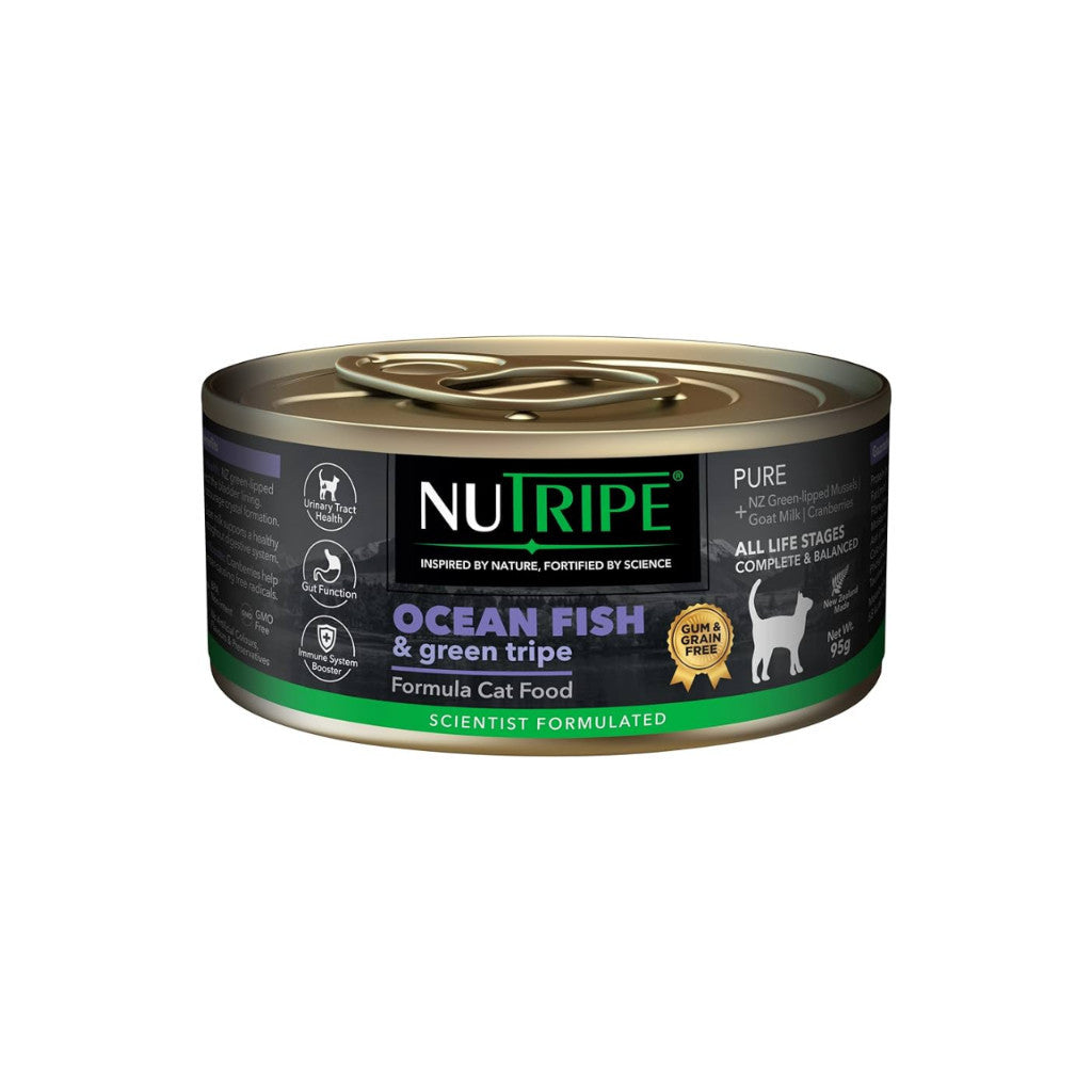 Nutripe Pure Cat Wet Food - Grain Free, Gum Free, 95g Mackerel & Green Tripe Ocean Fish Formula | High Protein, Nutrient-Rich Wet Cat Food for Adult & Senior Cats | Perfect for Mealtime, Weight Management & Picky Eaters