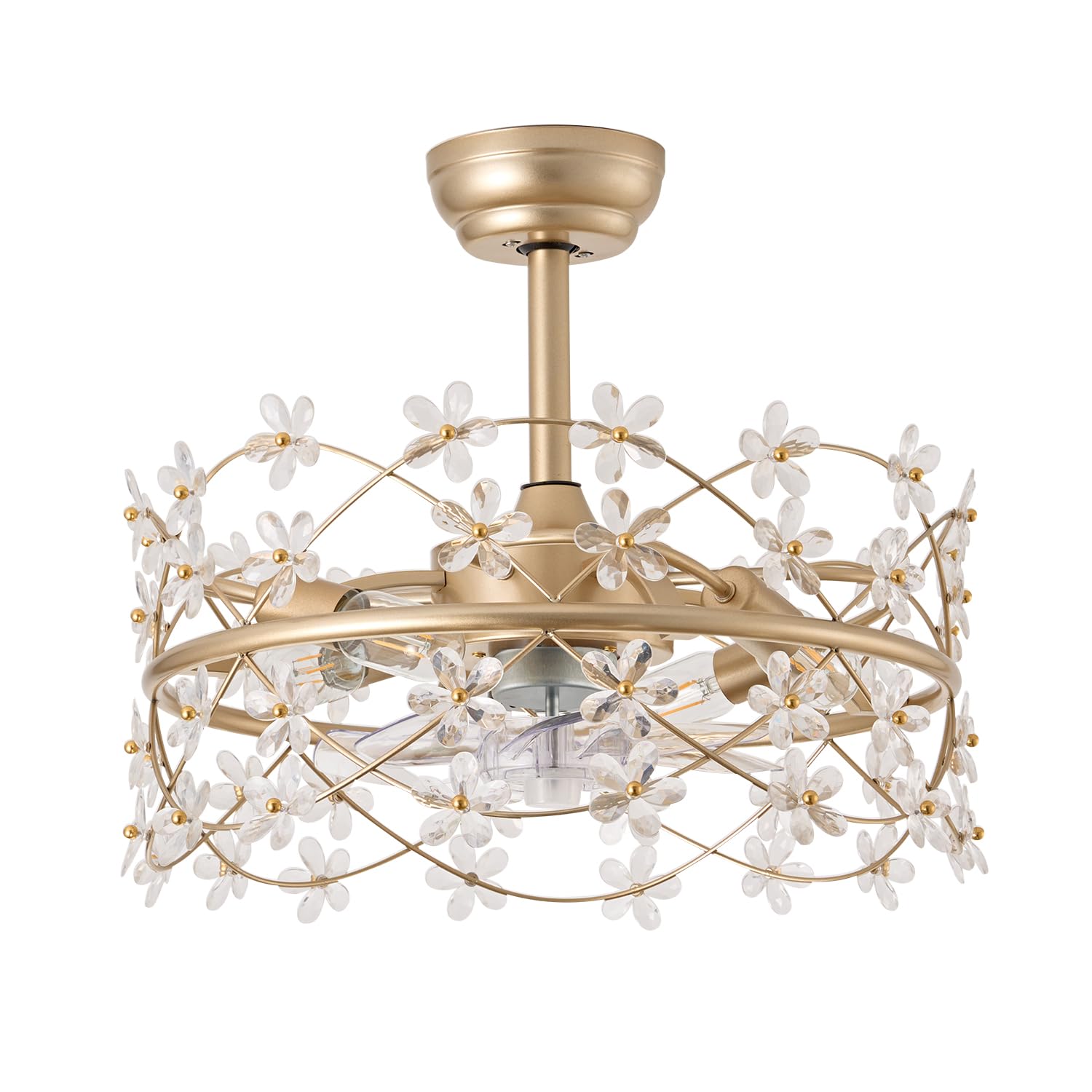 20 Inch Gold Caged Ceiling Fan with Light and Remote Control - Modern Crystal Flower Chandelier Fan with 6 Speed Settings - Perfect for Girls Bedroom, Living Room, Nursery and Home Decor