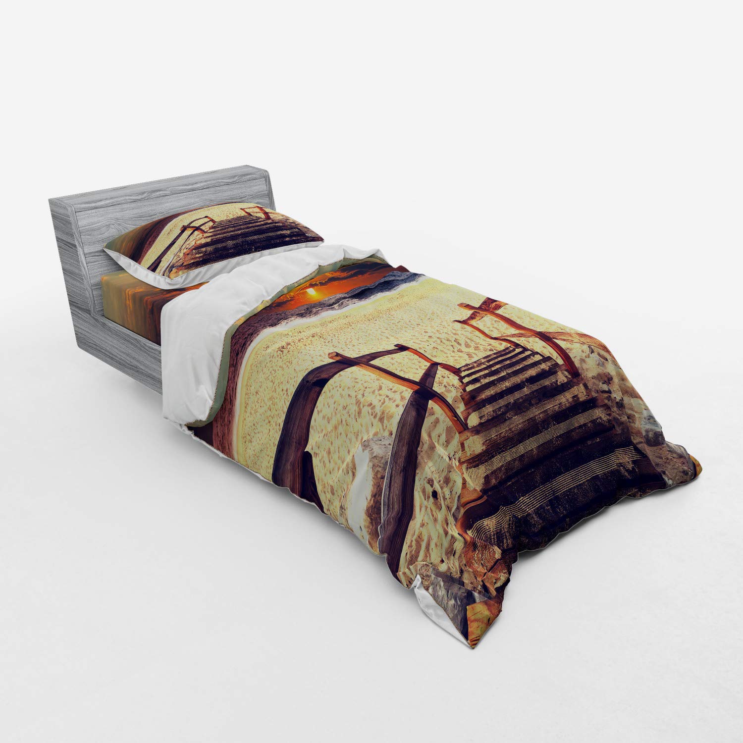 Ambesonne Beach Duvet Cover Set - Stairs to Beach with Dramatic Horizon & Magic Skyline Print, 3-Piece Twin Size Bedding Set (Duvet Cover, Sham, Fitted Sheet) in Orange Cream - Perfect for Coastal Themed Bedrooms & Vacation Homes